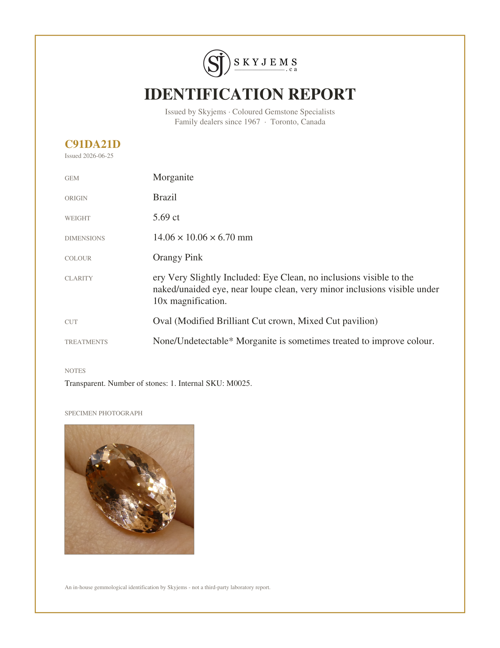Skyjems Identification Report for M0025 — 5.69ct Oval Morganite