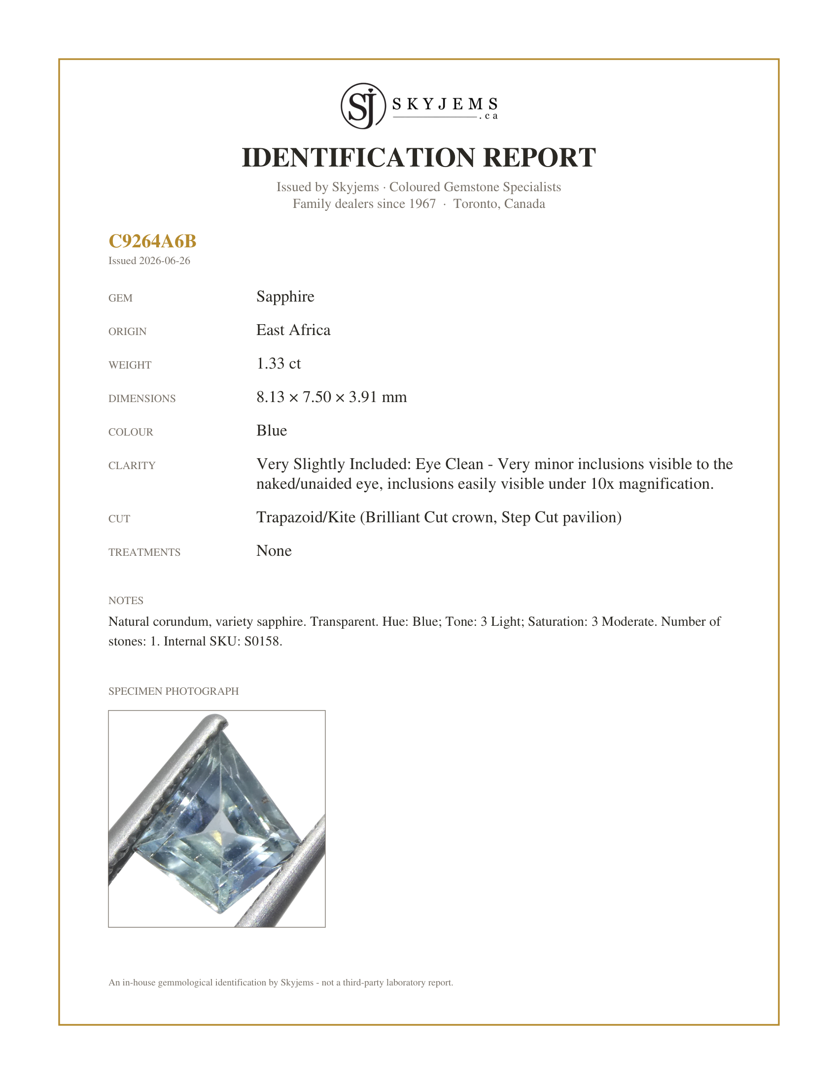 Skyjems Identification Report for S0158 — 1.33ct Trapazoid/Kite Blue Sapphire from East Africa