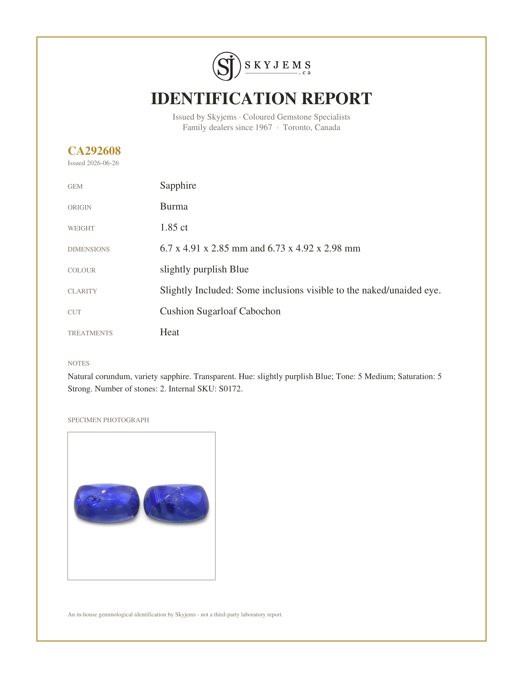 Skyjems Identification Report for S0172 — 1.85ct Pair (2) Cushion Sugarloaf Cabochon Blue Sapphires from Burma