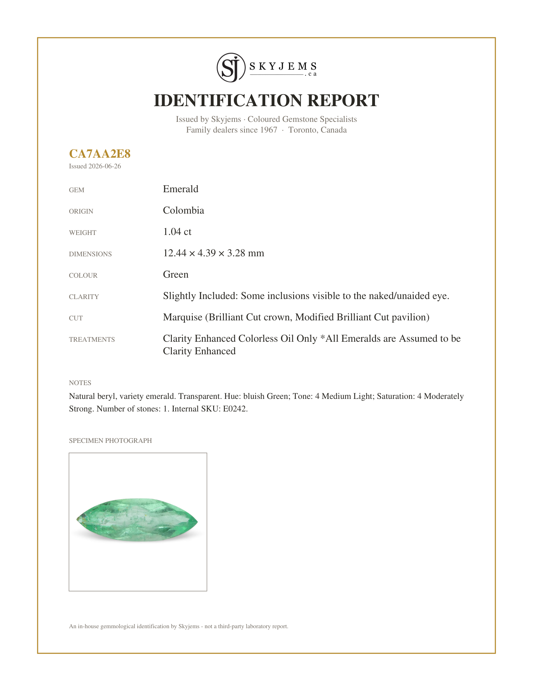 Skyjems Identification Report for E0242 — 1.04ct Marquise Green Emerald from Colombia