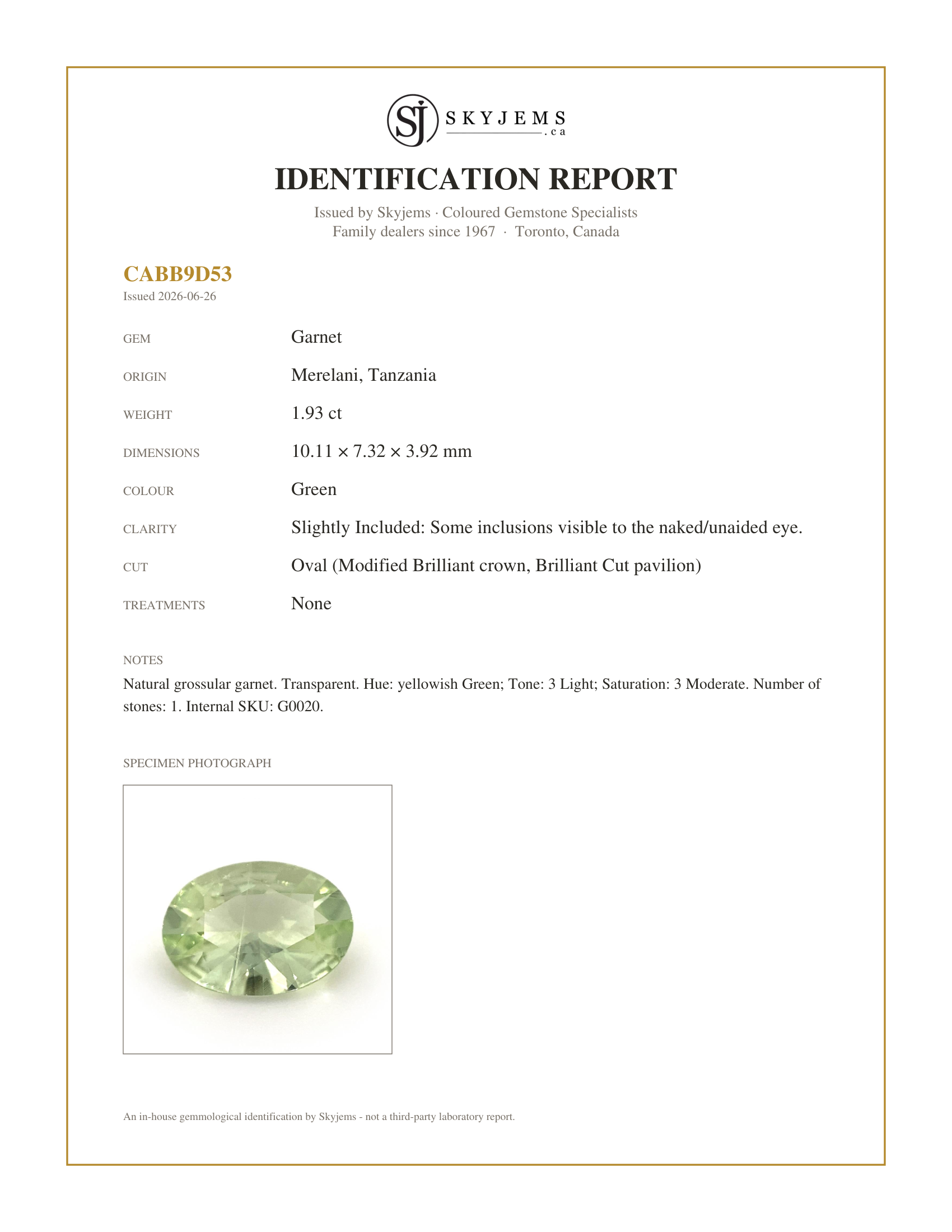 Skyjems Identification Report for G0020 — 1.93ct Oval Green Merelani Mint Tsavorite Garnet from Tanzania