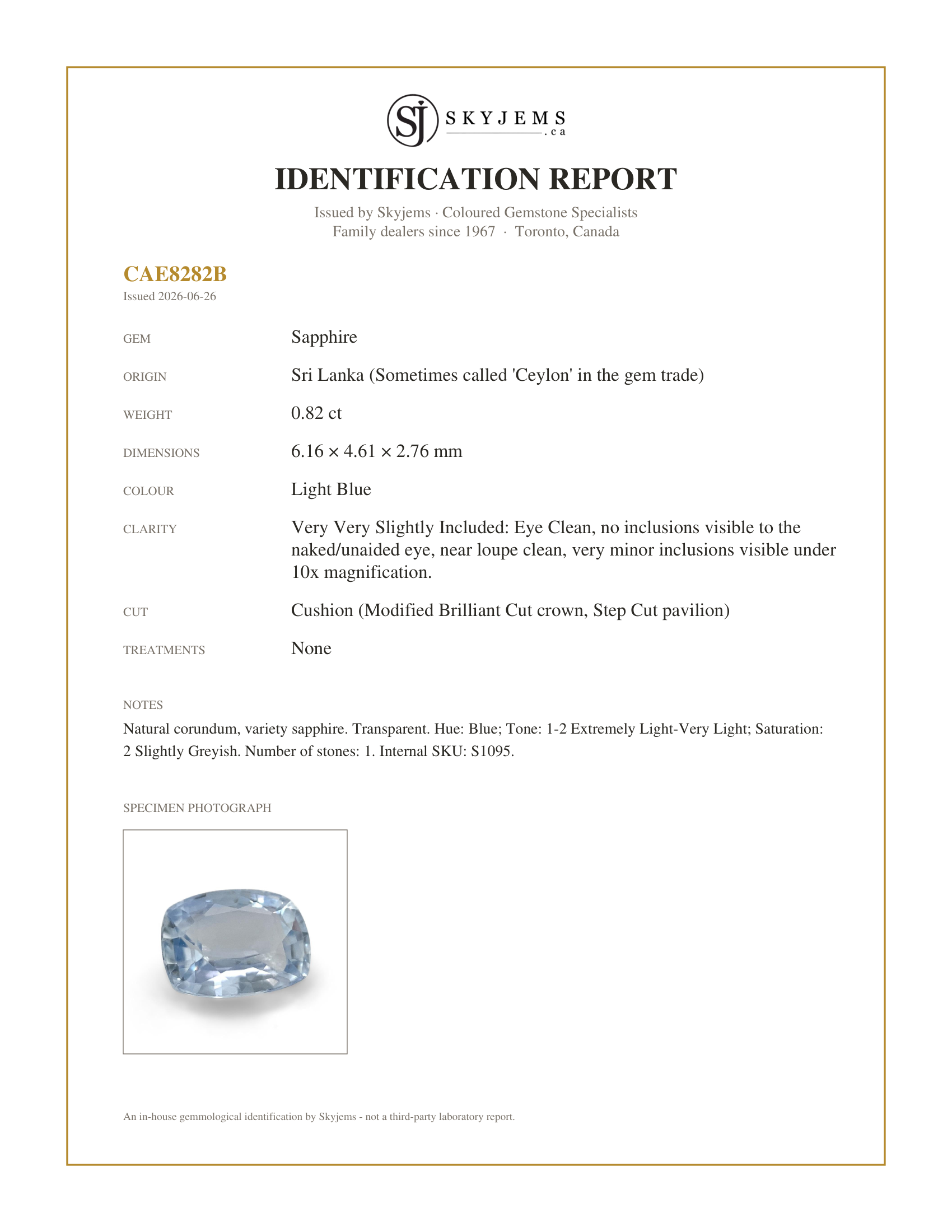 Skyjems Identification Report for S1095 — 0.82ct Cushion Icy Blue Sapphire from Sri Lanka Unheated
