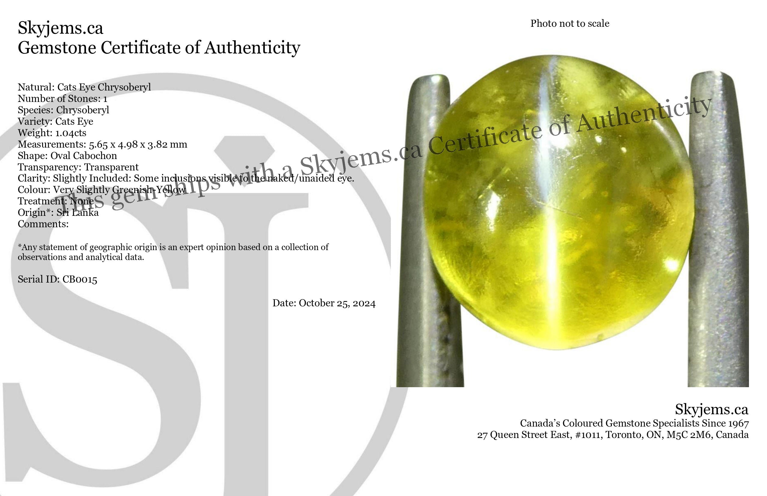 1.04ct Oval Cabochon Greenish-Yellow Cats Eye Chrysoberyl - Skyjems Wholesale Gemstones