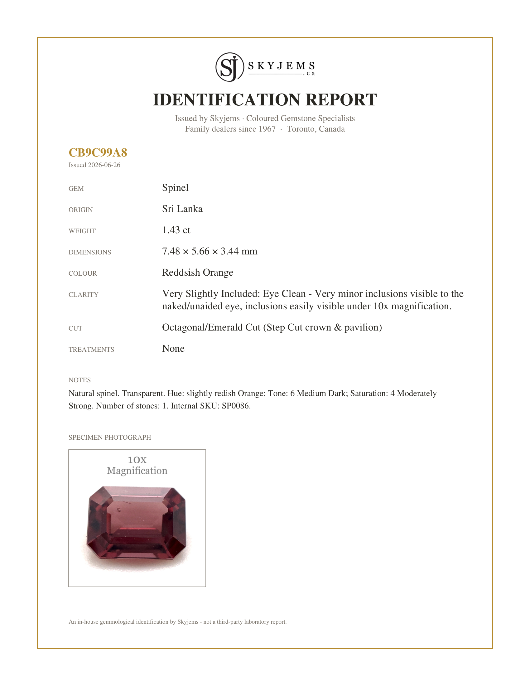 Skyjems Identification Report for SP0086 — 1.43ct Octagonal/Emerald Cut Reddish Orange Spinel from Sri Lanka Unheated