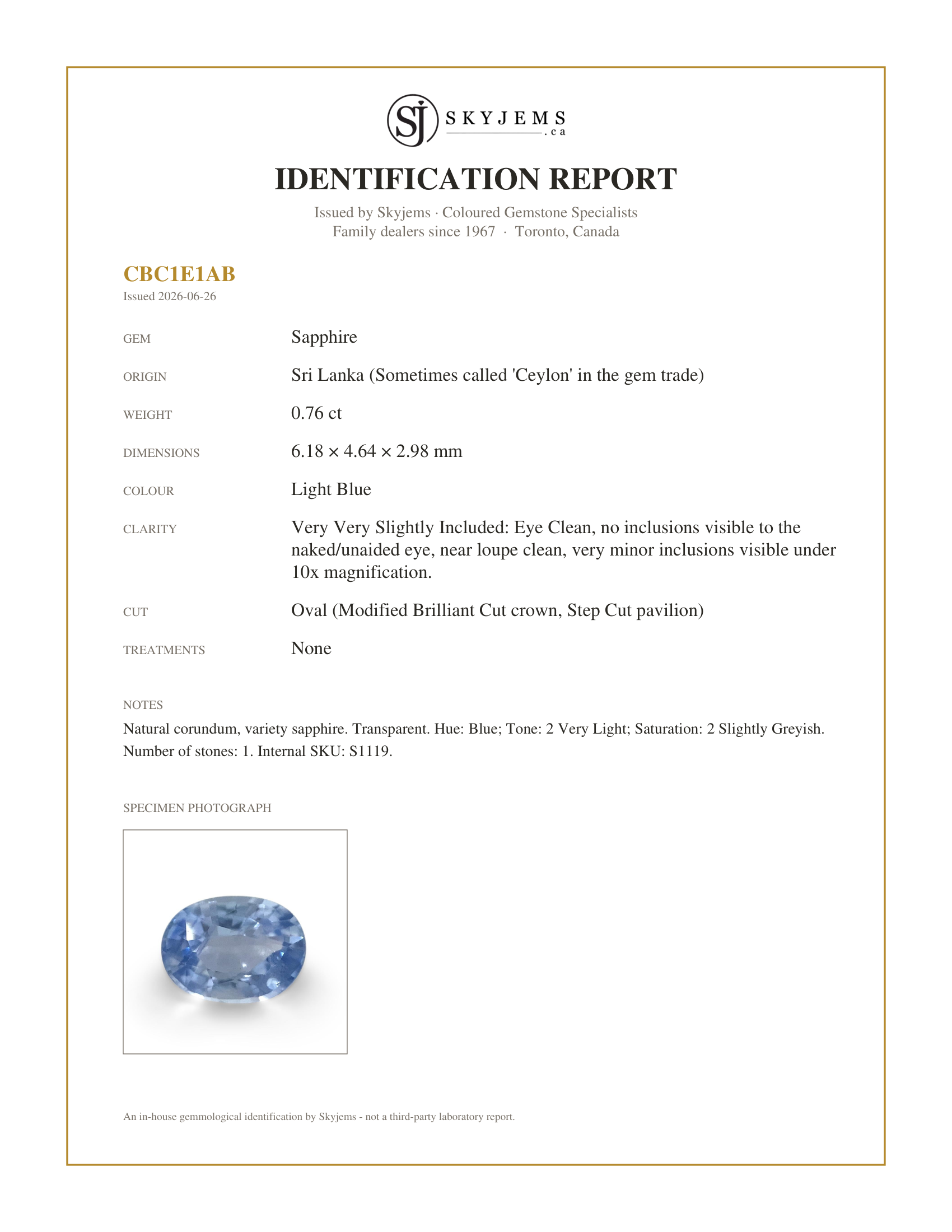 Skyjems Identification Report for S1119 — 0.76ct Oval Icy Blue Sapphire from Sri Lanka Unheated