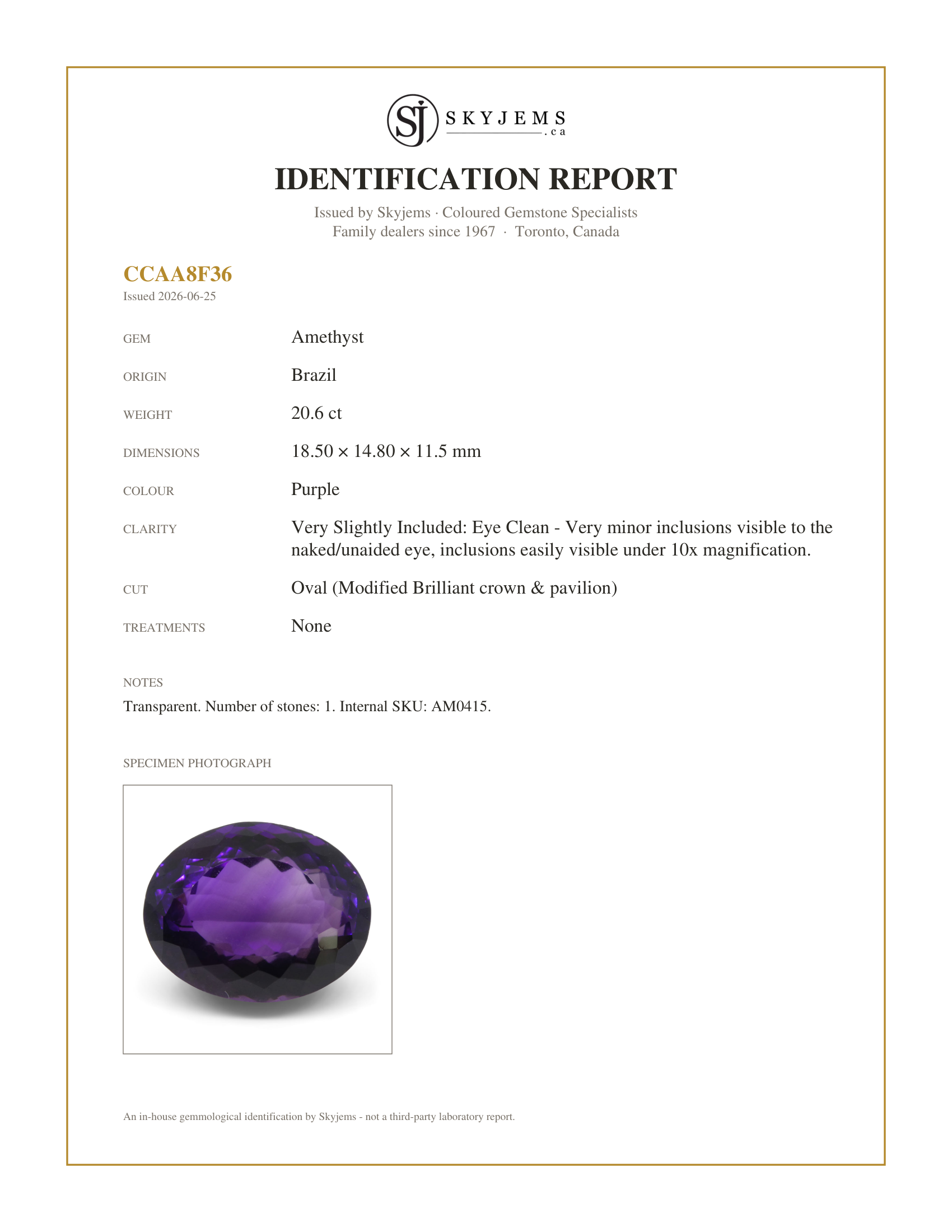 Skyjems Identification Report for AM0415 — 20.6 ct Oval Amethyst