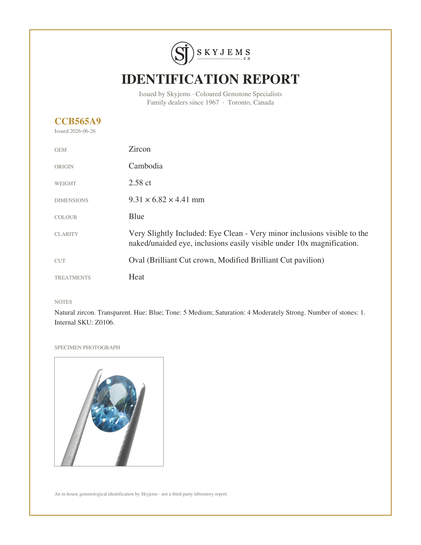 Skyjems Identification Report for Z0106 — 2.58ct Natural Earth Mined Oval Master Brilliant Cut Blue Zircon from Cambodia