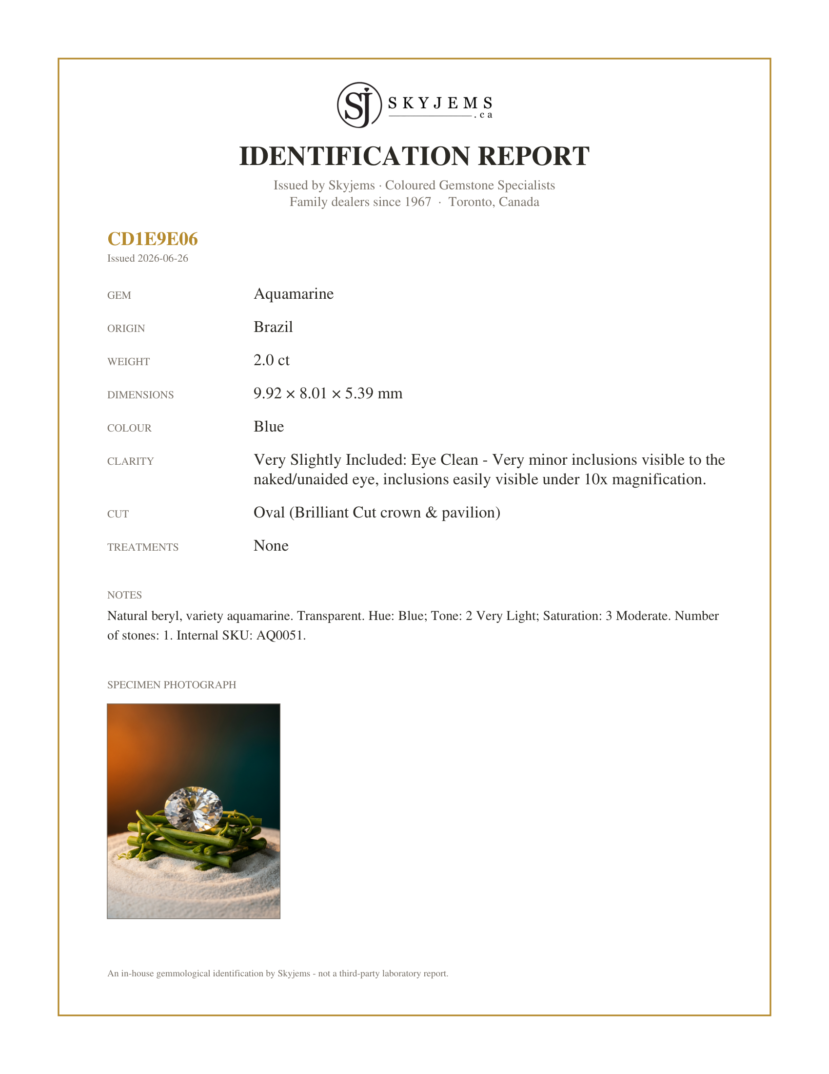Skyjems Identification Report for AQ0051 — 2ct Oval Blue Aquamarine from Brazil Unheated
