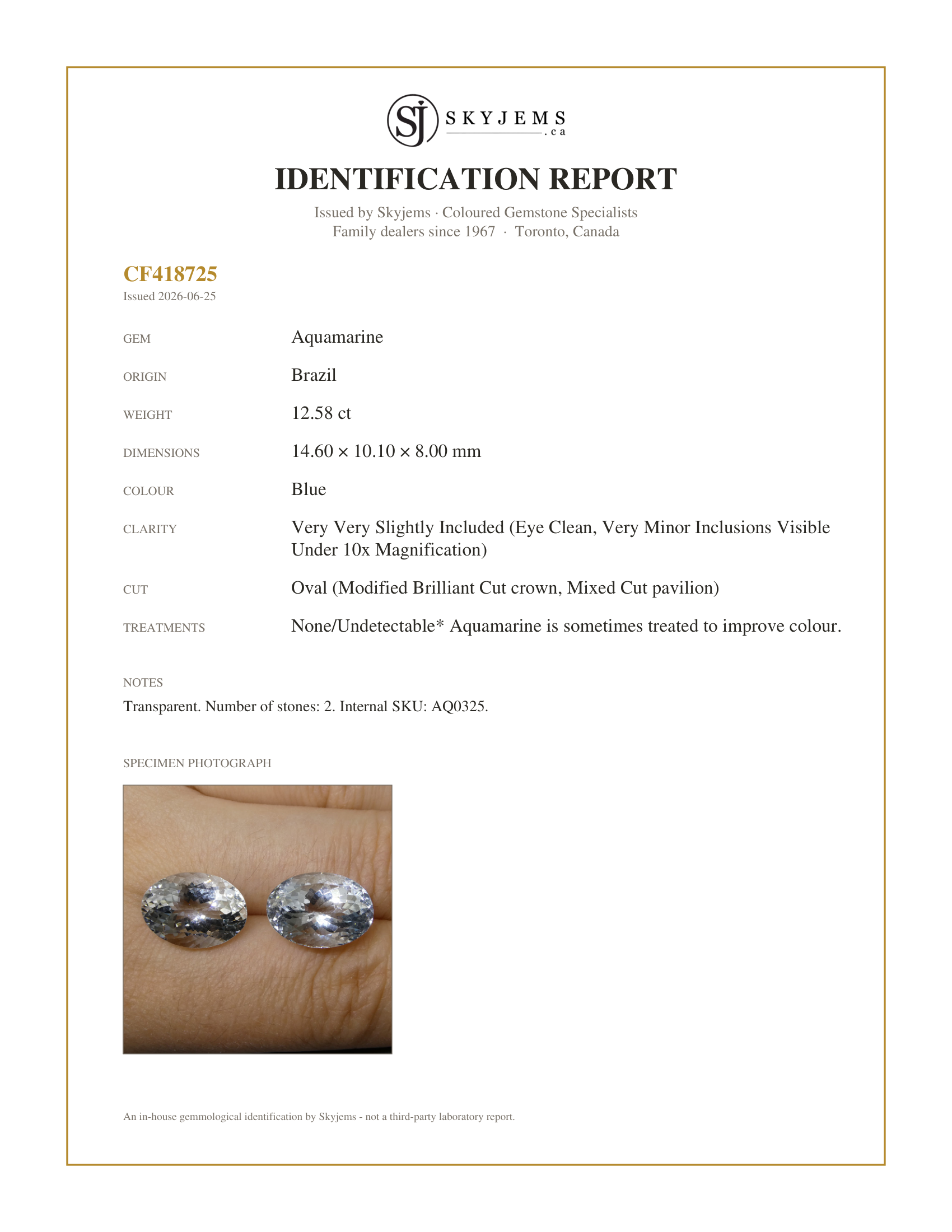 Skyjems Identification Report for AQ0325 — 12.58ct Oval Aquamarine Pair