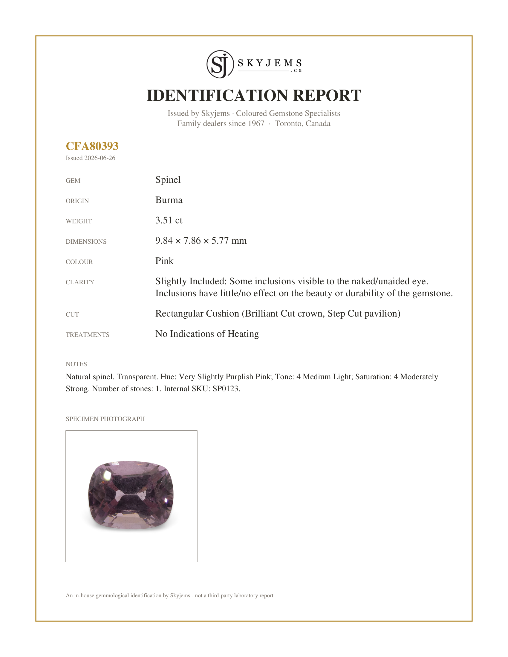 Skyjems Identification Report for SP0123 — 3.51ct Rectangular Cushion Pink Spinel from Burma