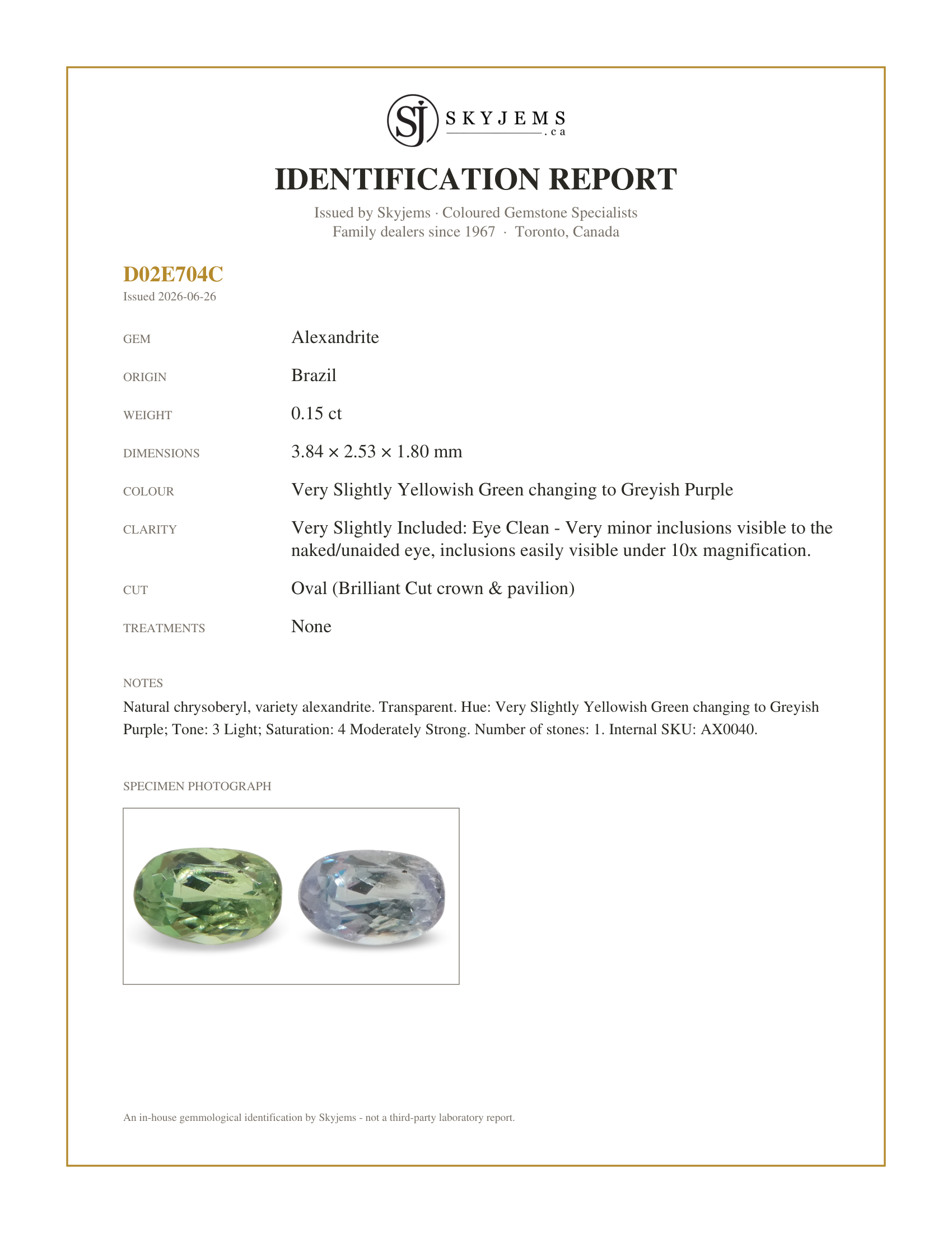 Skyjems Identification Report for AX0040 — 0.15ct Oval Yellowish Green to Greyish Purple Alexandrite from Brazil, Unheated