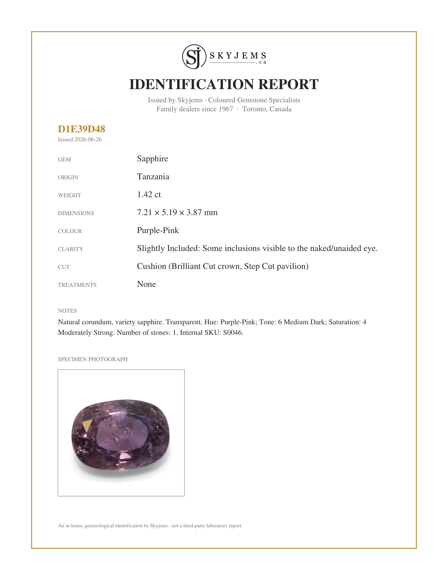 Skyjems Identification Report for S0046 — 1.42ct Unheated Cushion Purple-Pink Sapphire from Tanzania, Unheated