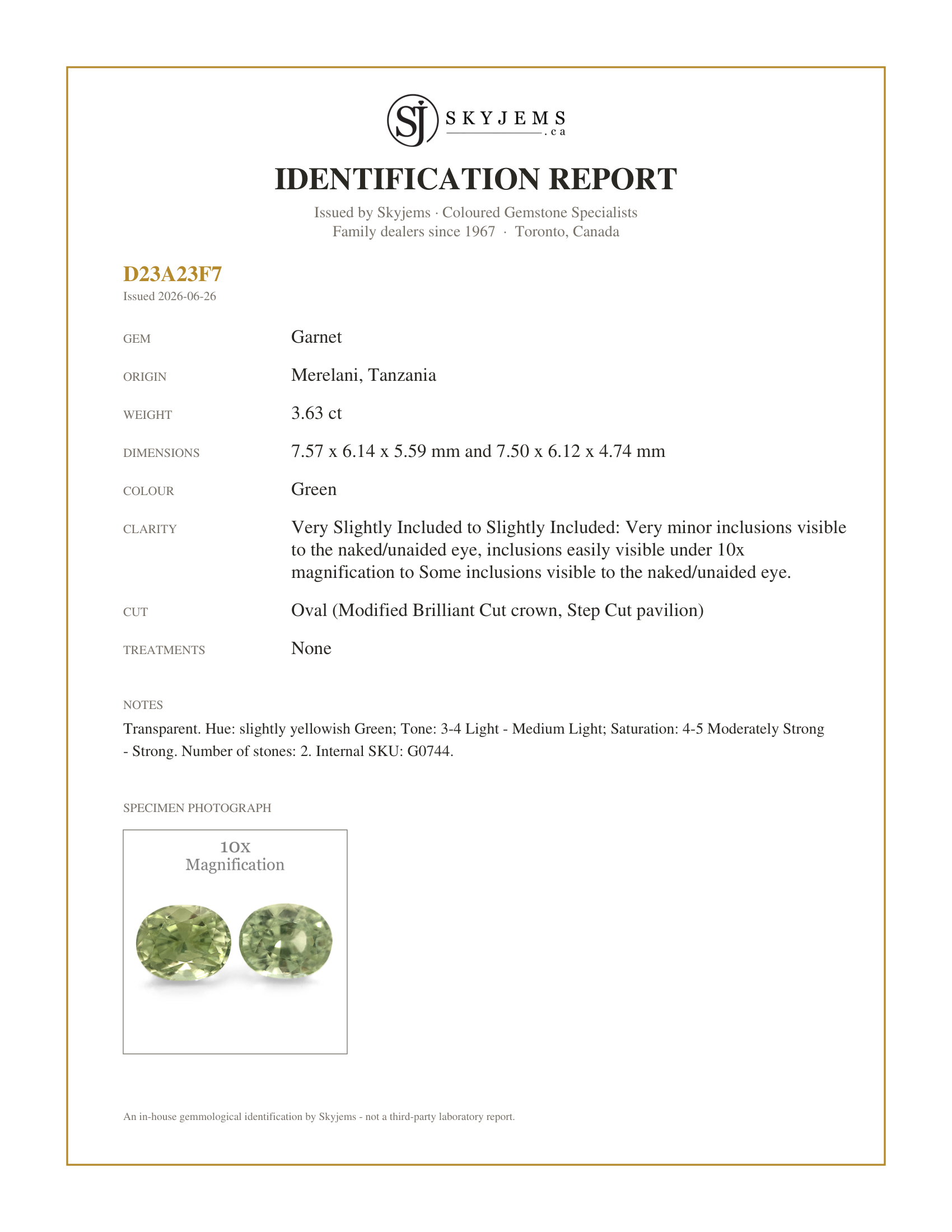 Skyjems Identification Report for G0744 — 3.63ct Pair Oval Mint Pastel Green Garnet from Merelani, Tanzania