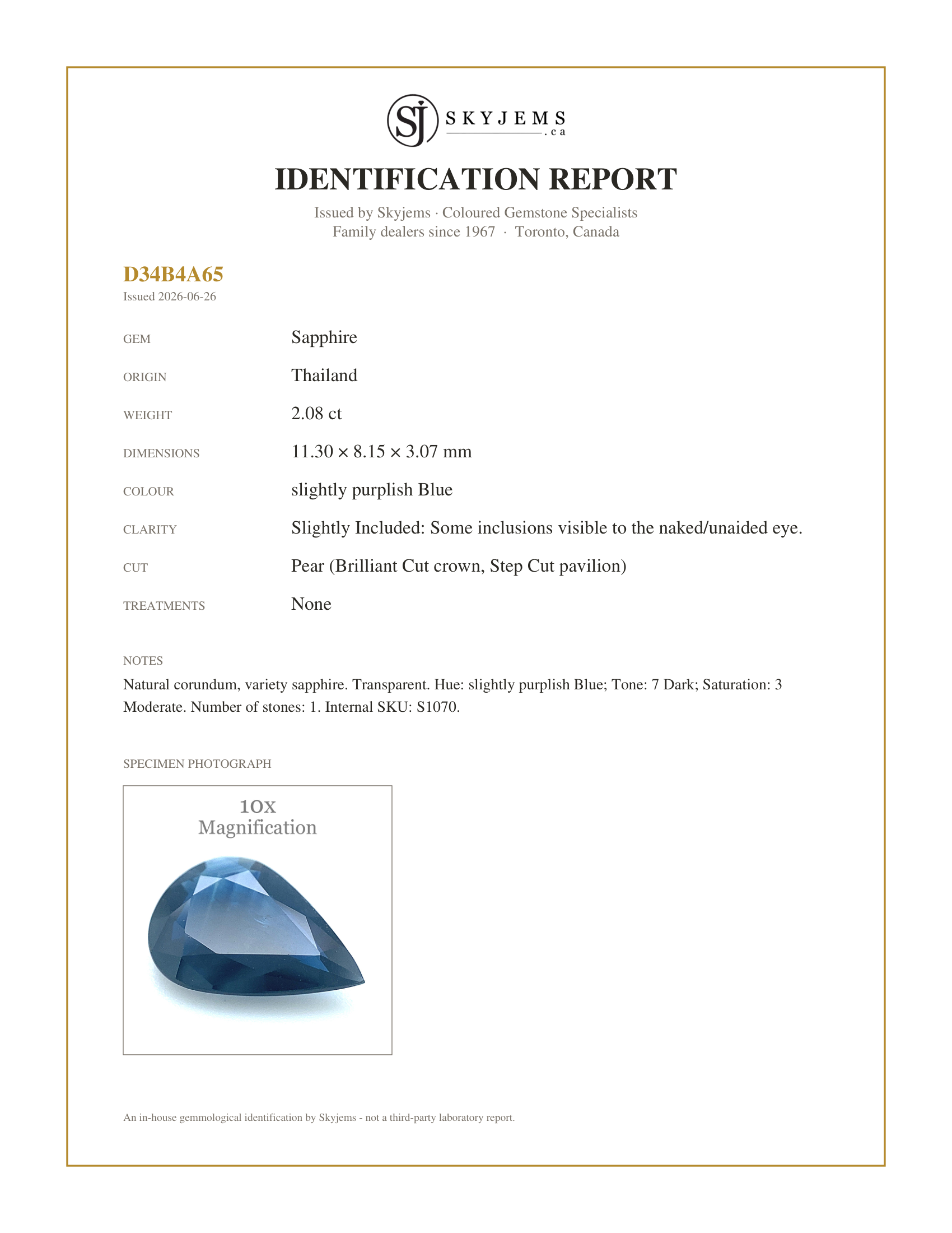Skyjems Identification Report for S1070 — 2.08ct Pear Blue Sapphire from Thailand Unheated