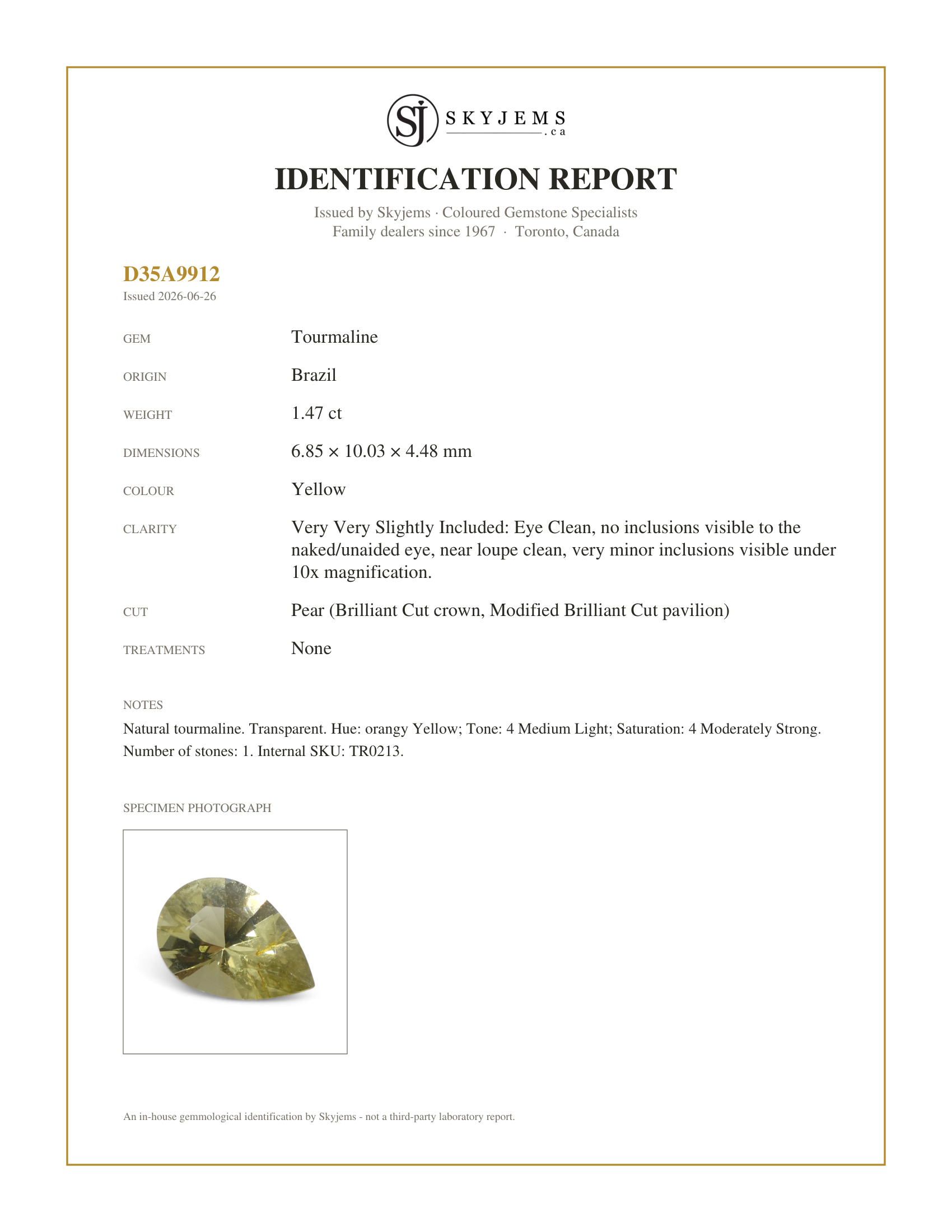 Skyjems Identification Report for TR0213 — 1.47ct Pear Yellow Tourmaline