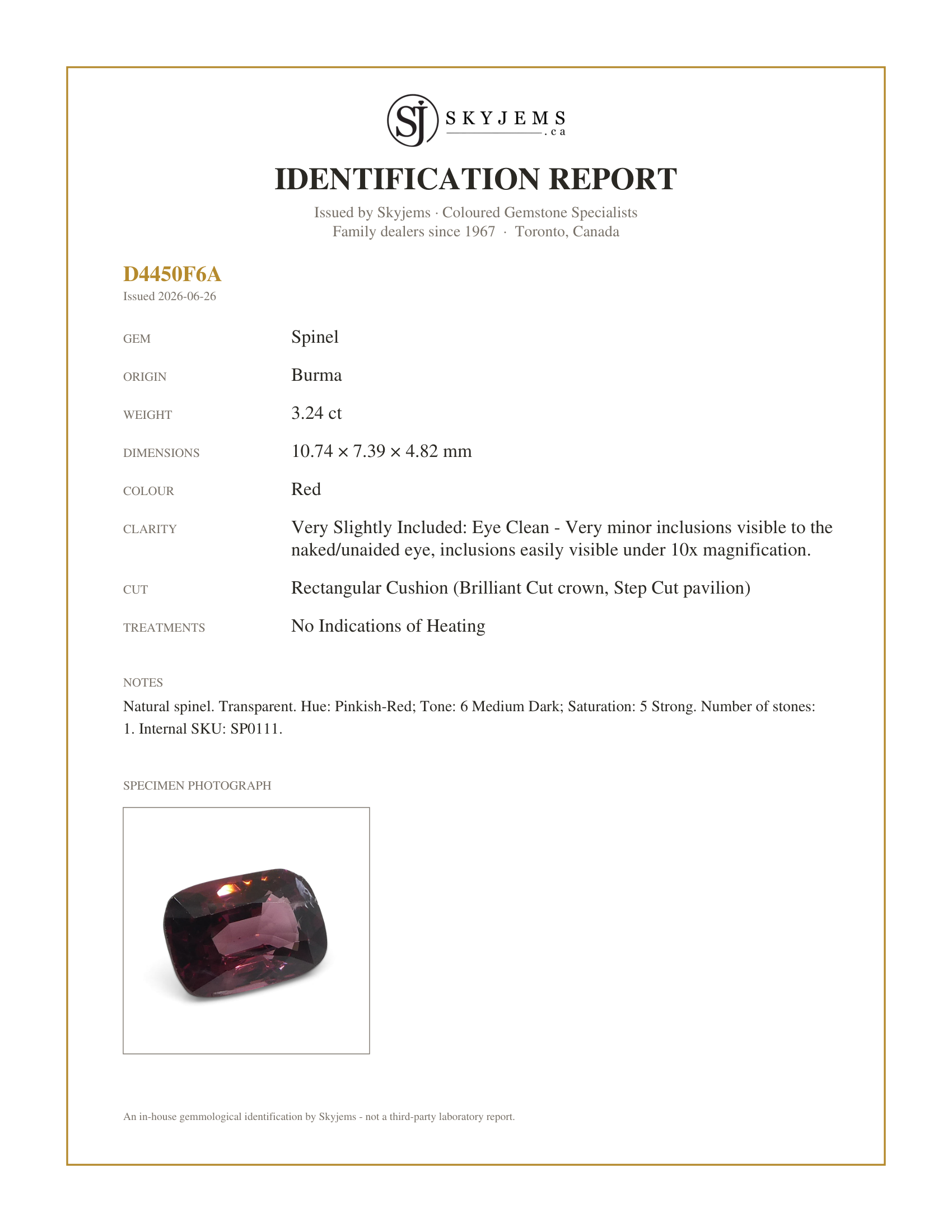 Skyjems Identification Report for SP0111 — 3.24ct Rectangular Cushion Red Spinel from Burma