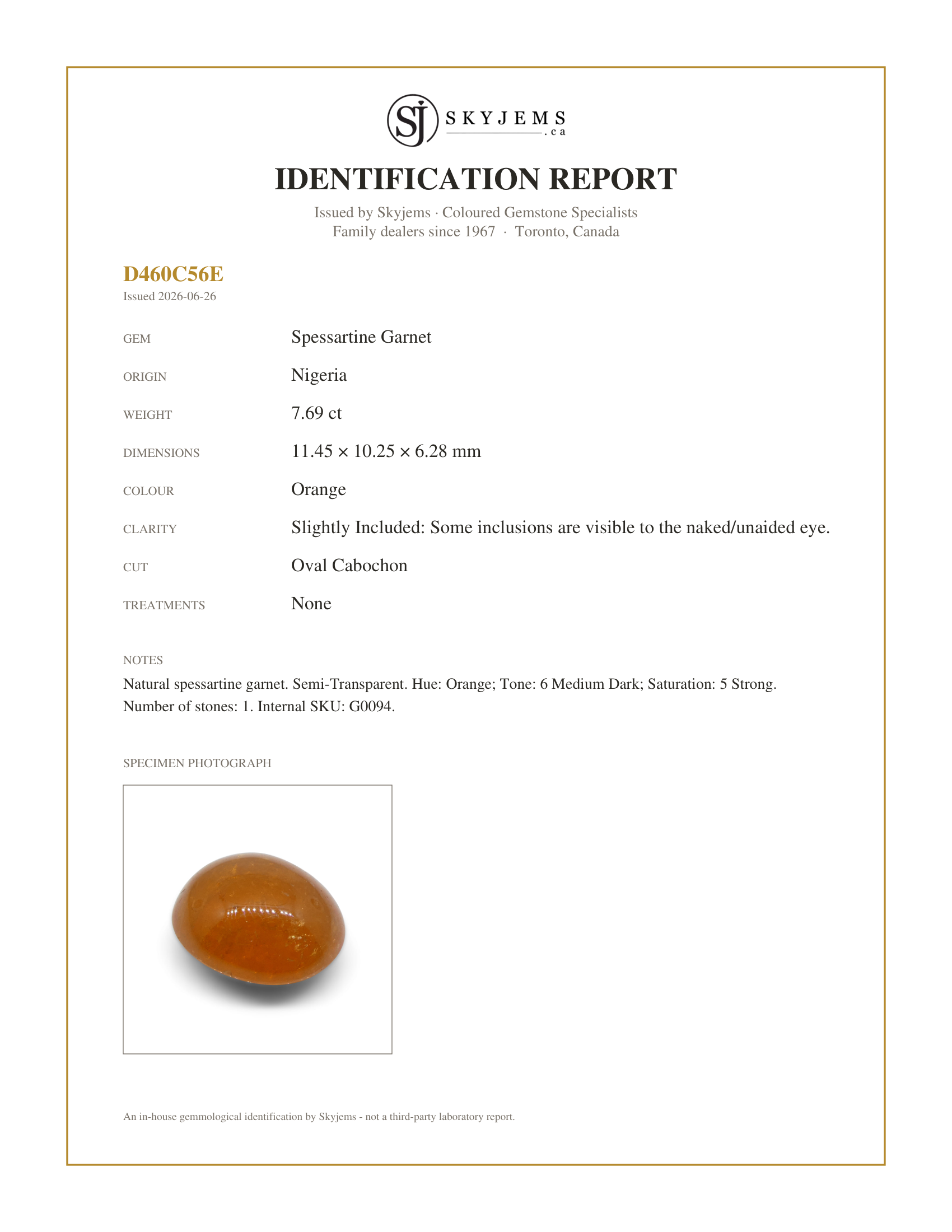 Skyjems Identification Report for G0094 — 7.69ct Oval Cabochon Orange Mandarin Spessartine Garnet from Nigeria