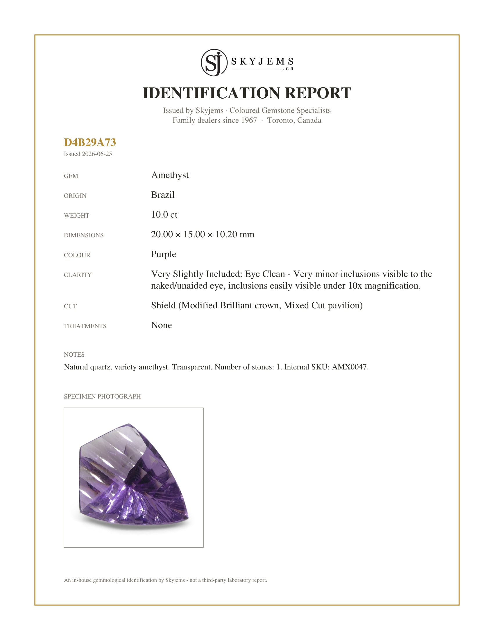 Skyjems Identification Report for AMX0047 — 10ct Shield Amethyst 'Eleanor' Fantasy/Fancy Cut