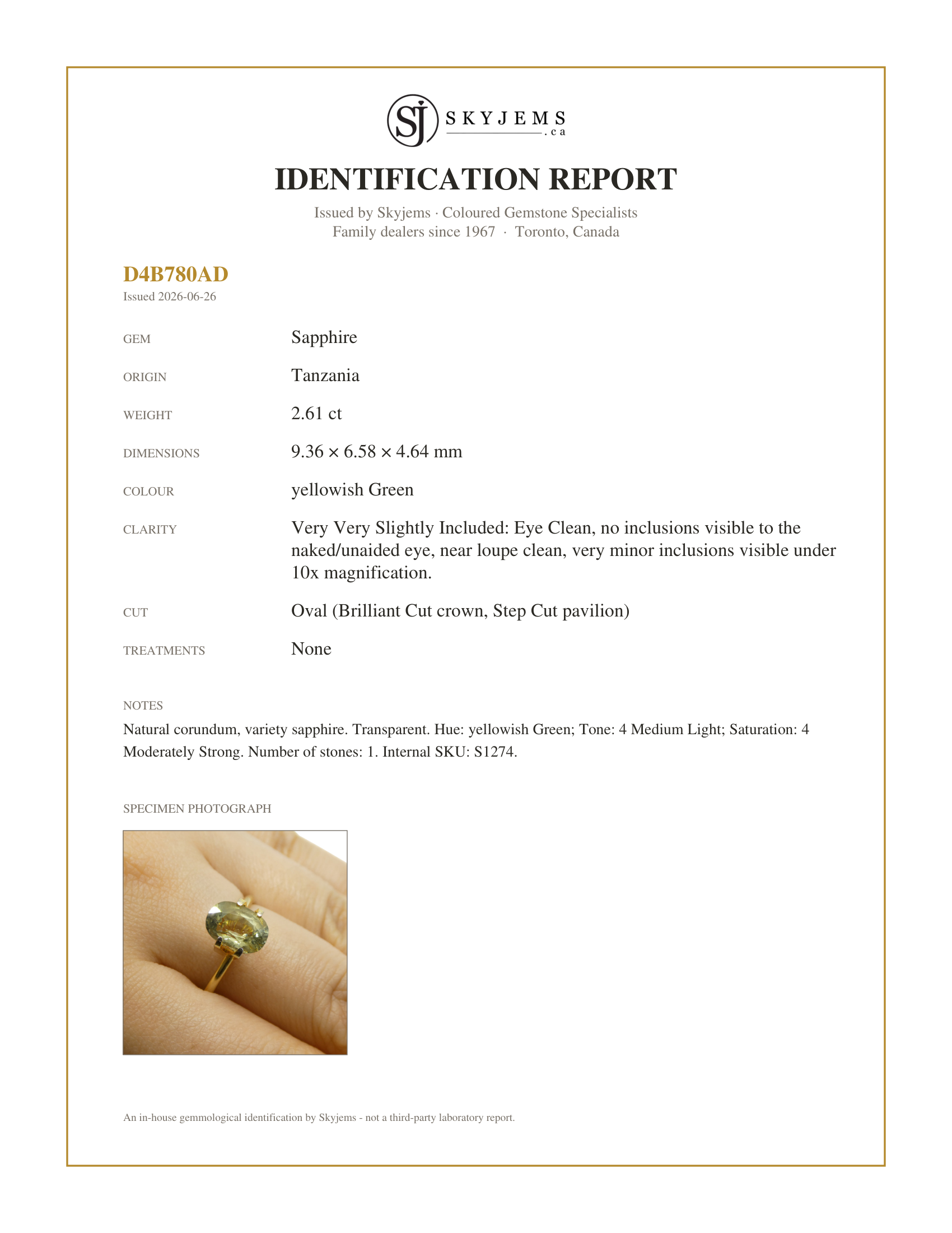 Skyjems Identification Report for S1274 — 2.61ct Oval Green Sapphire from Tanzania, Unheated