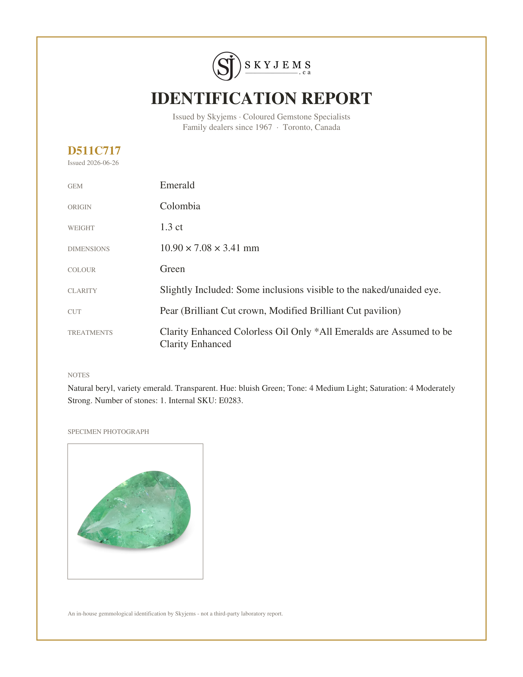 Skyjems Identification Report for E0283 — 1.3ct Pear Green Emerald from Colombia