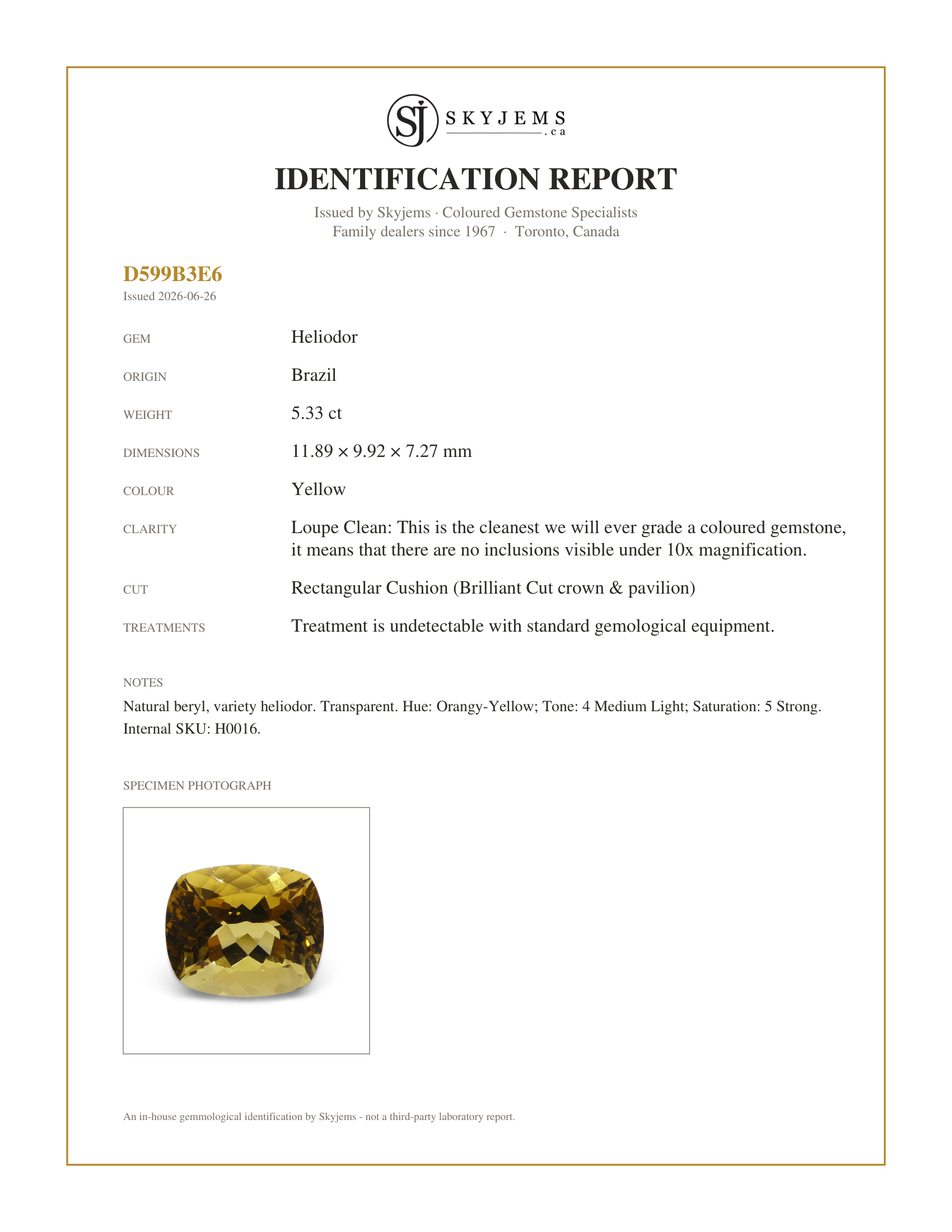 Skyjems Identification Report for H0016 — 5.33ct Rectangular Cushion Heliodor, Golden Yellow Beryl