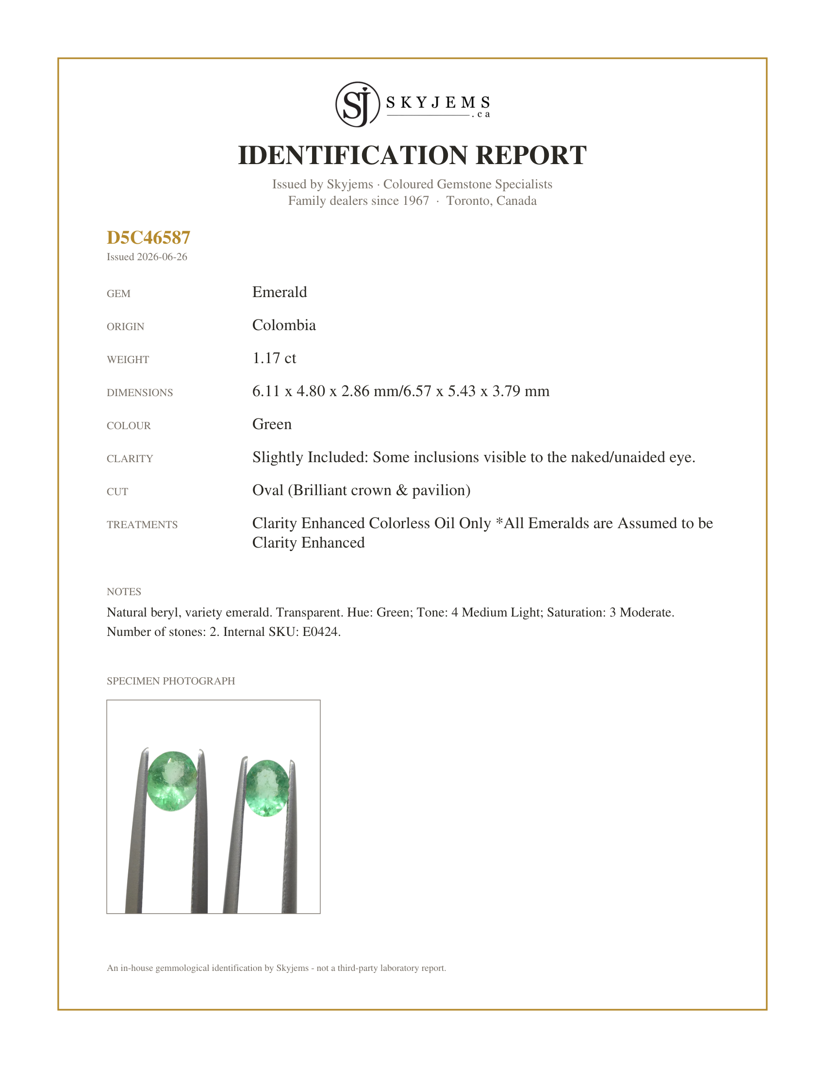 Skyjems Identification Report for E0424 — 1.17ct Pair Oval Green Emerald from Colombia