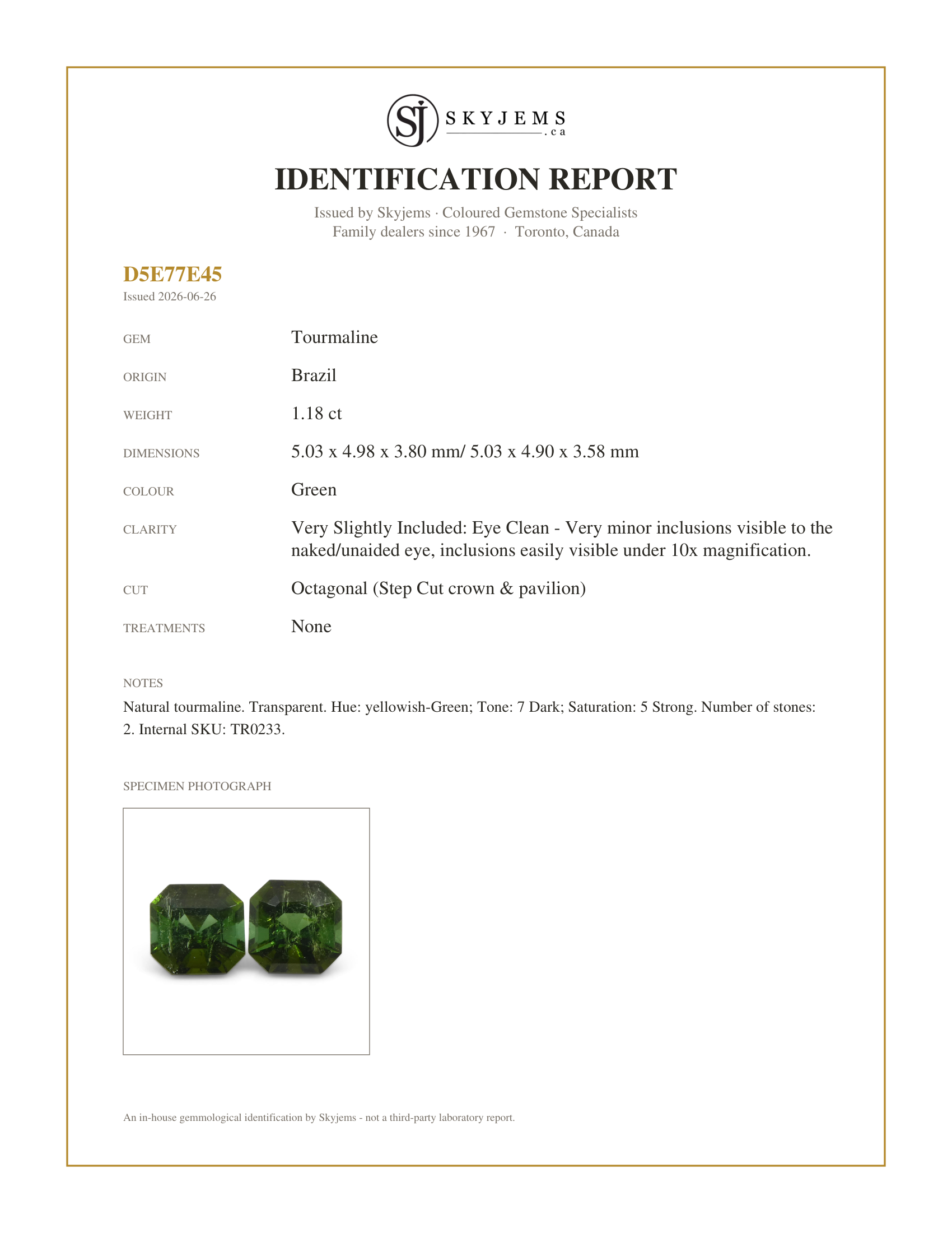 Skyjems Identification Report for TR0233 — 1.18ct Pair Asscher Cut Green Tourmaline
