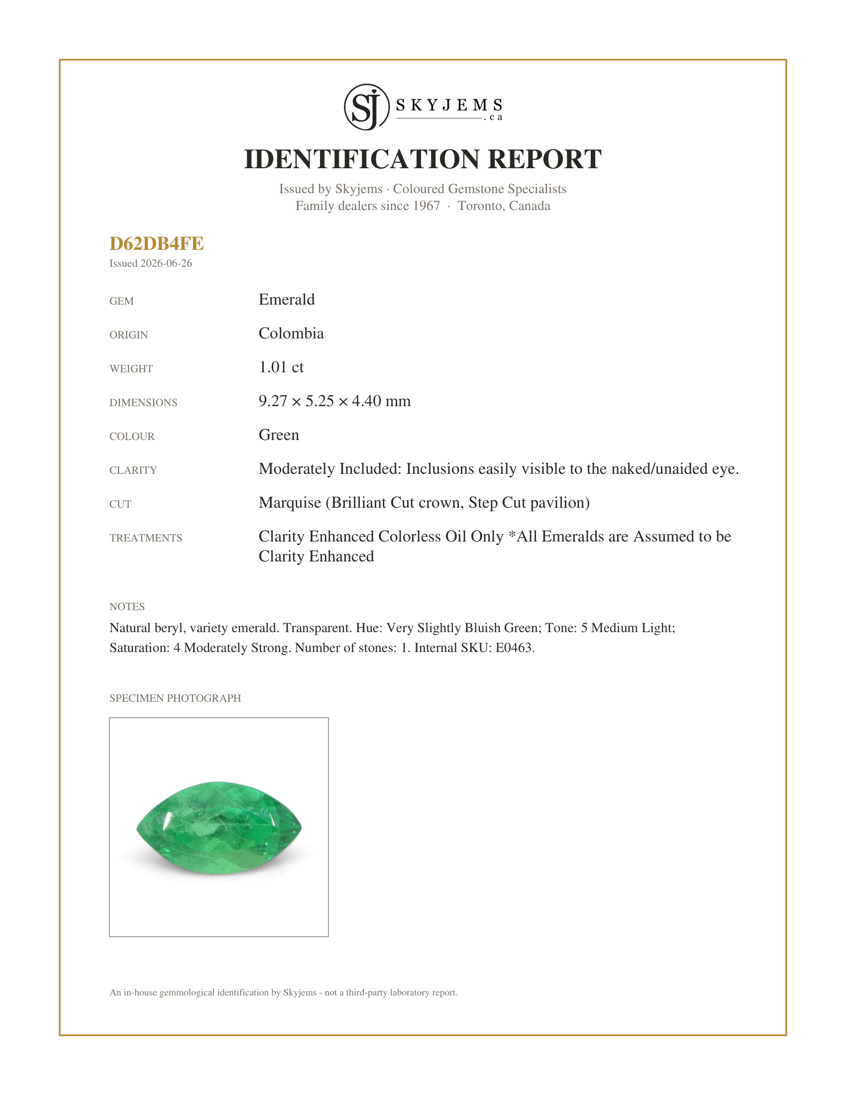 Skyjems Identification Report for E0463 — 1.01ct Marquise Green Emerald from Colombia