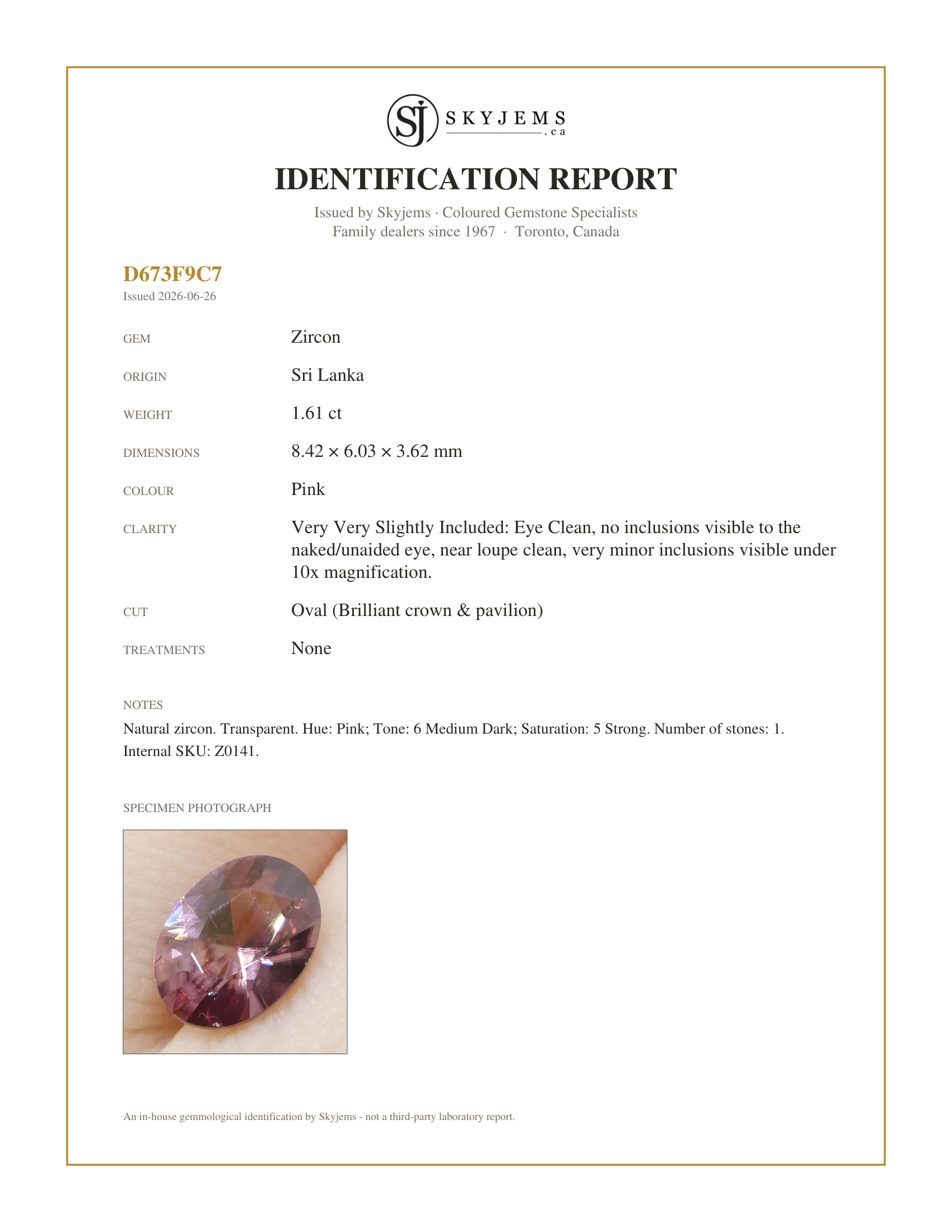 Skyjems Identification Report for Z0141 — 1.61ct Natural Earth Mined Oval Master Brilliant Cut Pink Zircon from Sri Lanka