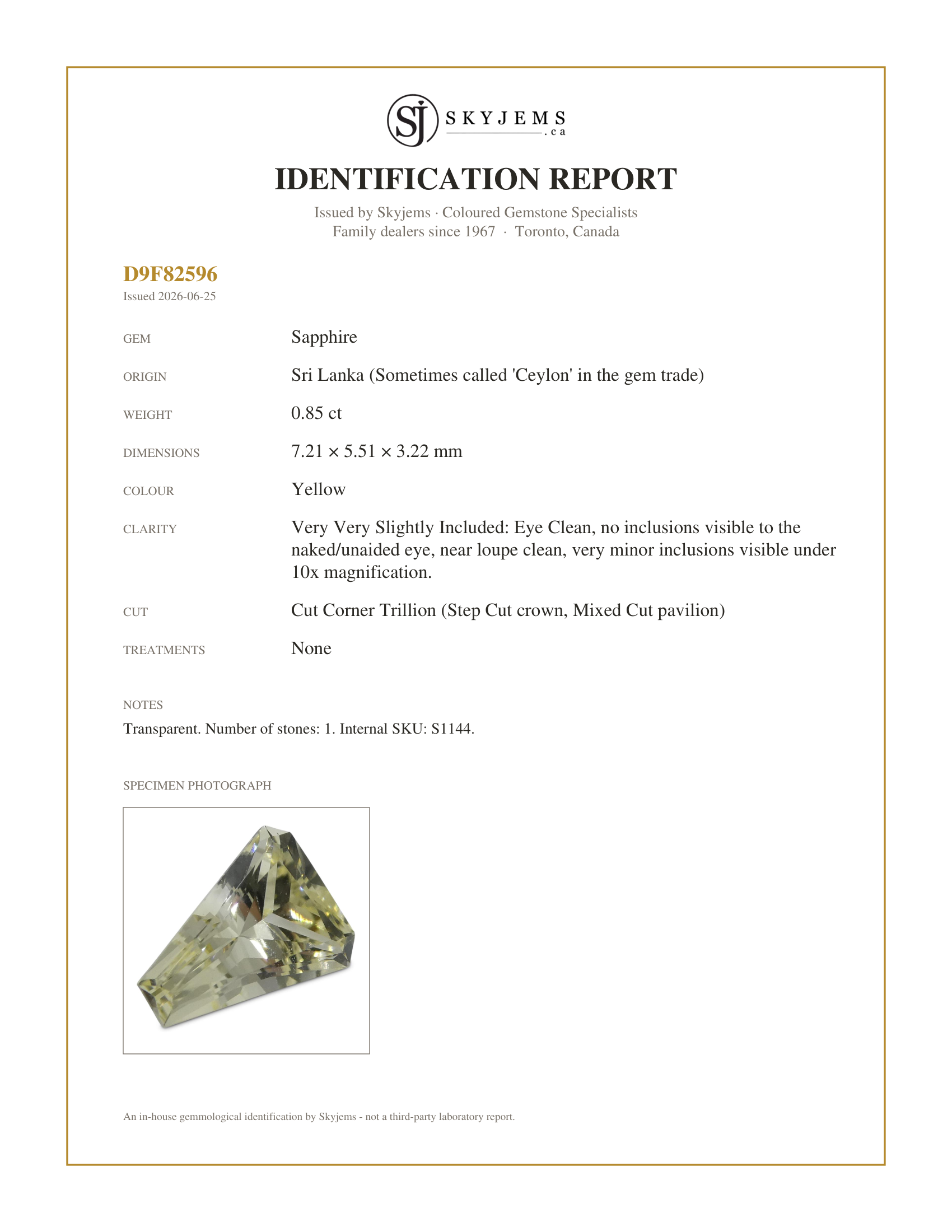 Skyjems Identification Report for S1144 — 0.85ct Yellow Sapphire Cut Corner Trillion