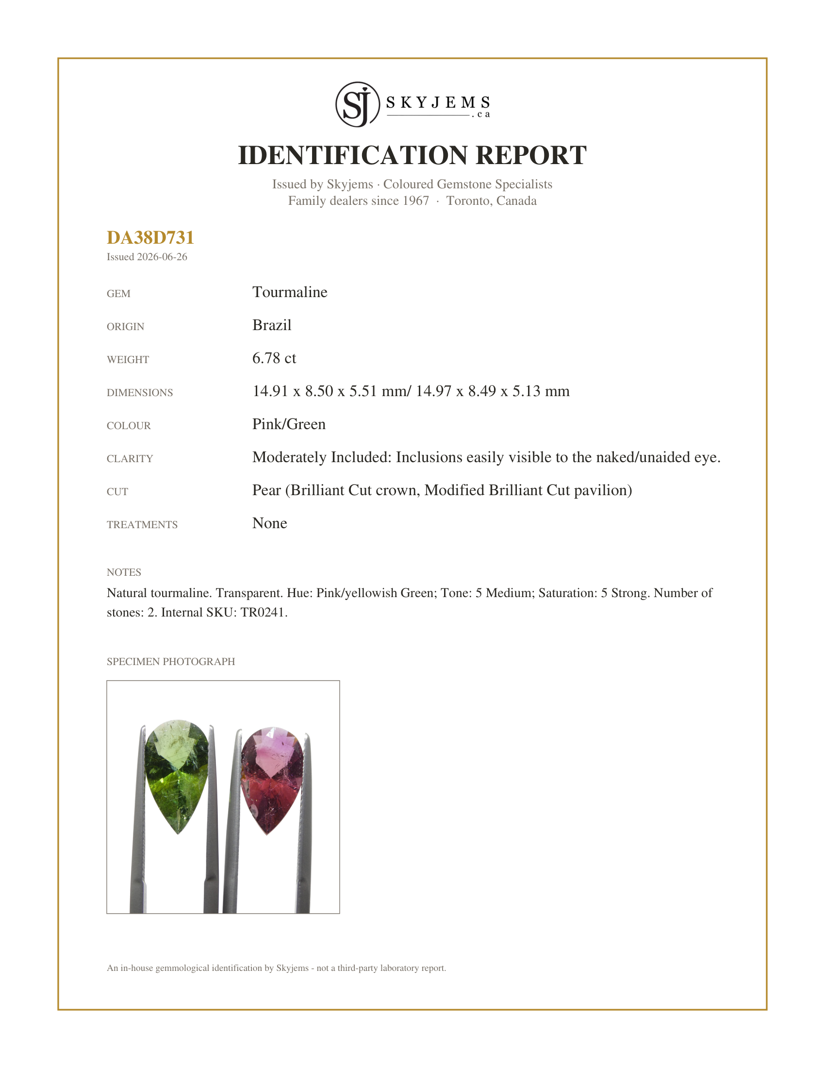 Skyjems Identification Report for TR0241 — 6.78ct Pair Pear Pink/Green Tourmaline