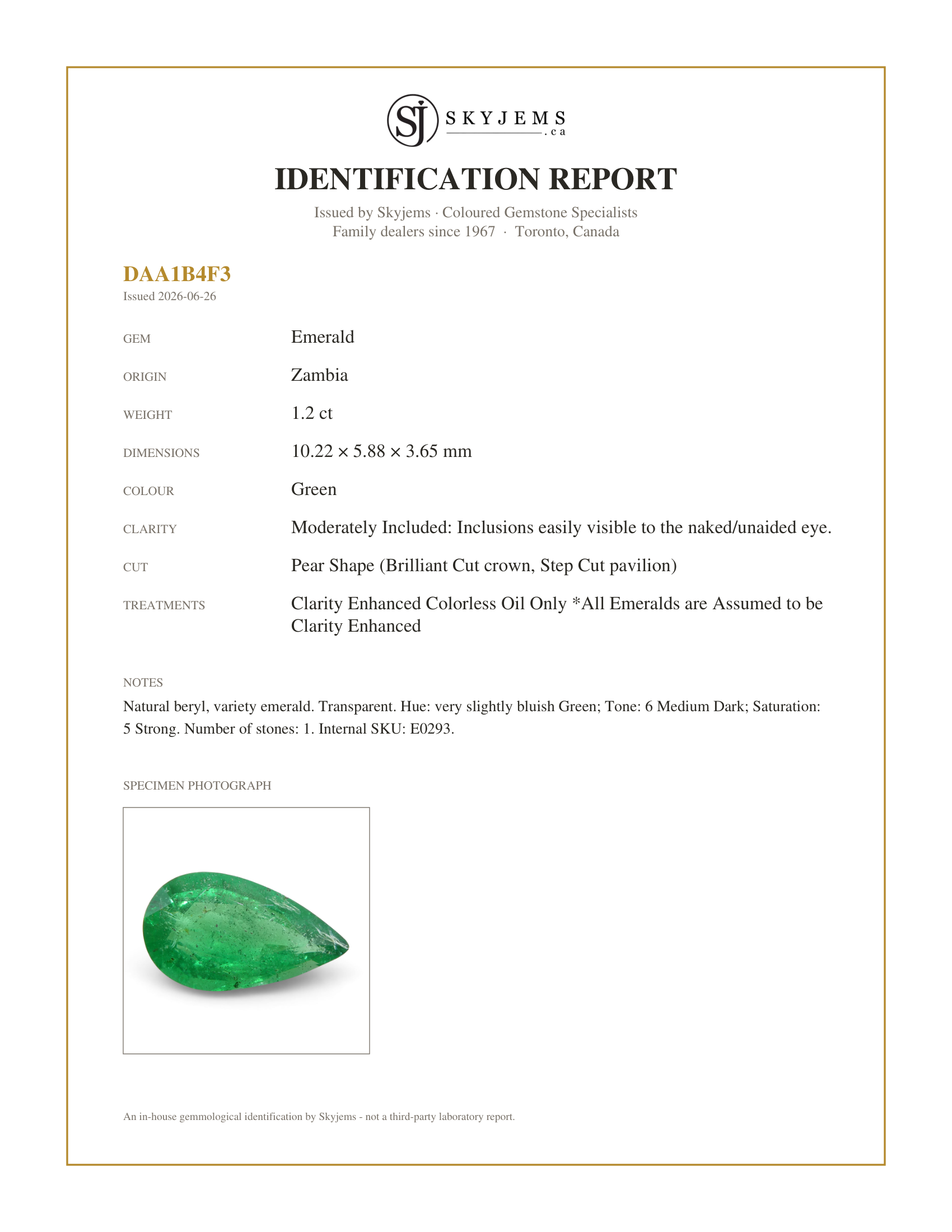 Skyjems Identification Report for E0293 — 1.2ct Pear Shape Green Emerald from Zambia