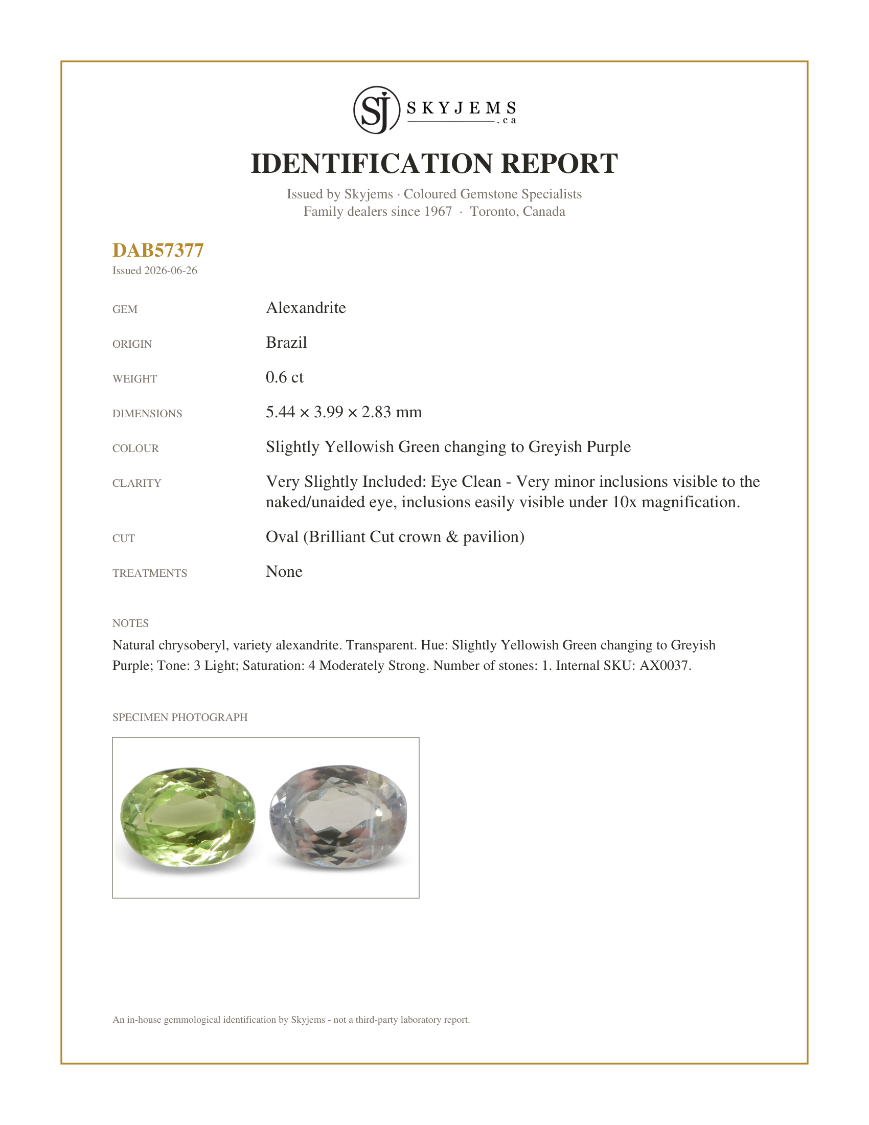 Skyjems Identification Report for AX0037 — 0.6ct Oval Yellowish Green to Greyish Purple Alexandrite from Brazil, Unheated