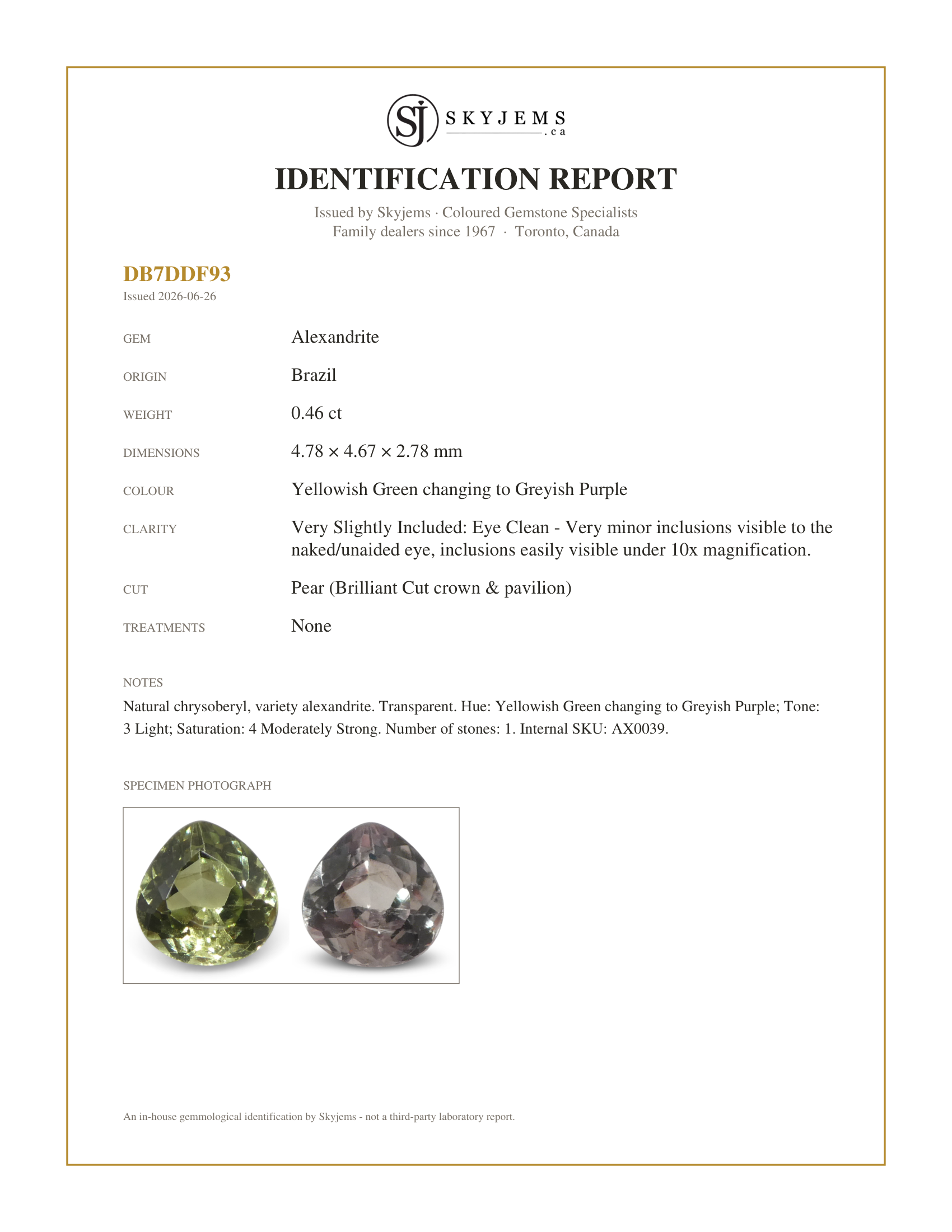 Skyjems Identification Report for AX0039 — 0.46ct Pear Yellowish Green to Greyish Purple Alexandrite from Brazil, Unheated