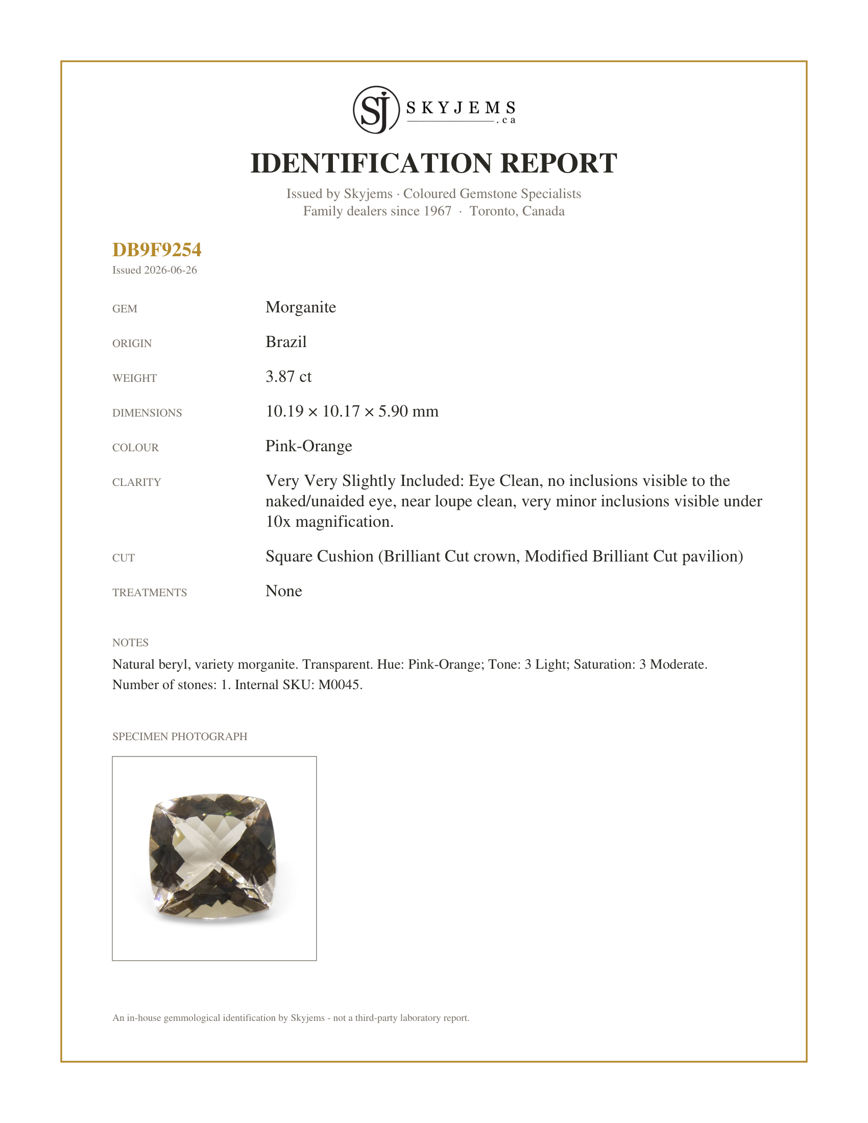 Skyjems Identification Report for M0045 — 3.87ct Square Cushion Pink-Orange Morganite