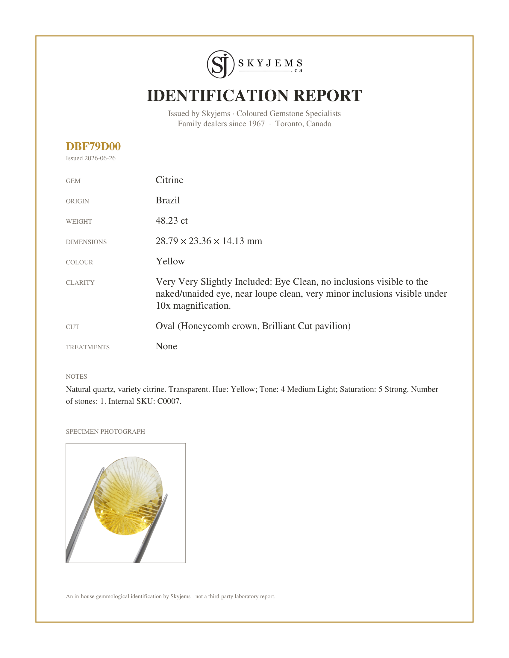 Skyjems Identification Report for C0007 — 48.23ct Oval Yellow Honeycomb Starburst Citrine