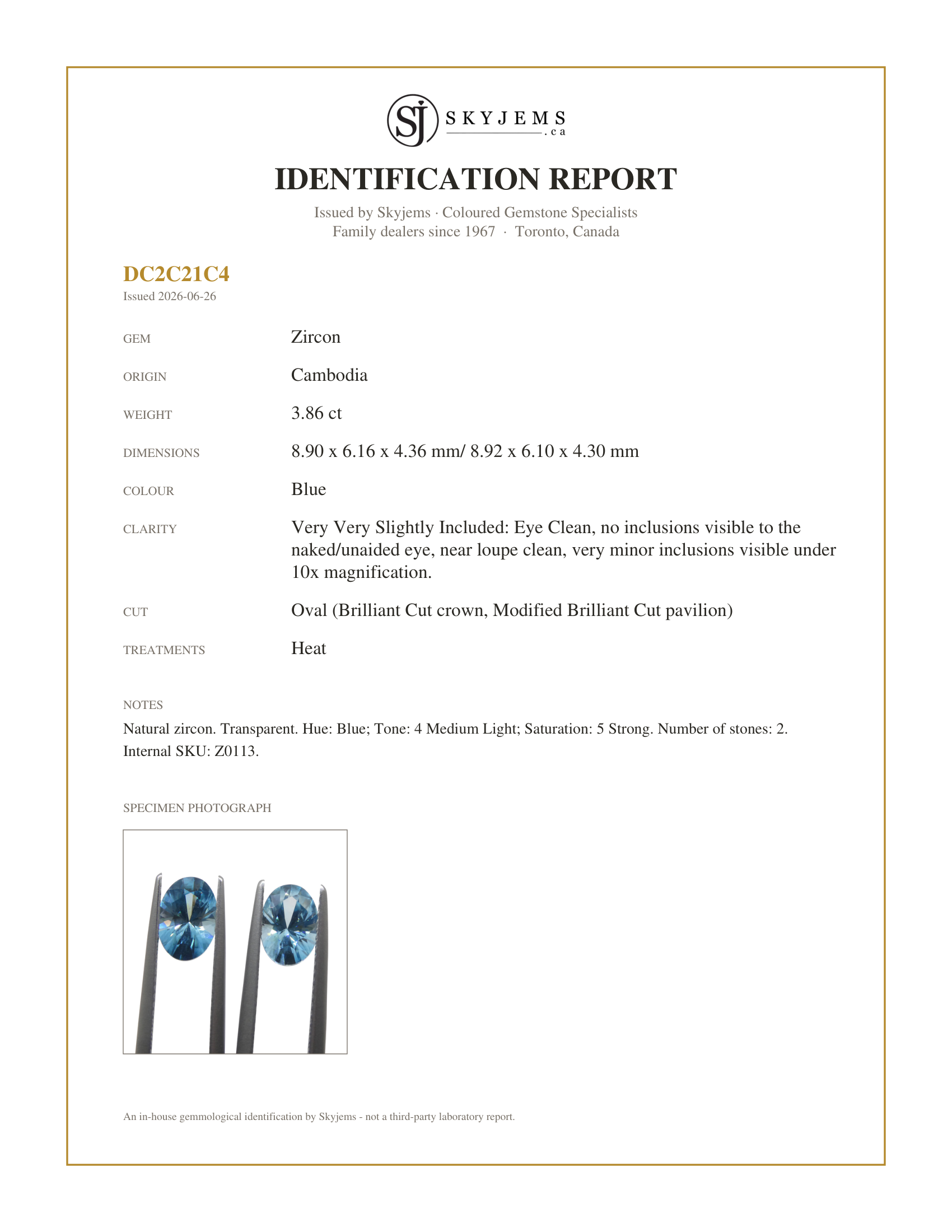 Skyjems Identification Report for Z0113 — 3.86ct Natural Earth Mined Pair Oval Master Brilliant Cut Blue Zircon from Cambodia