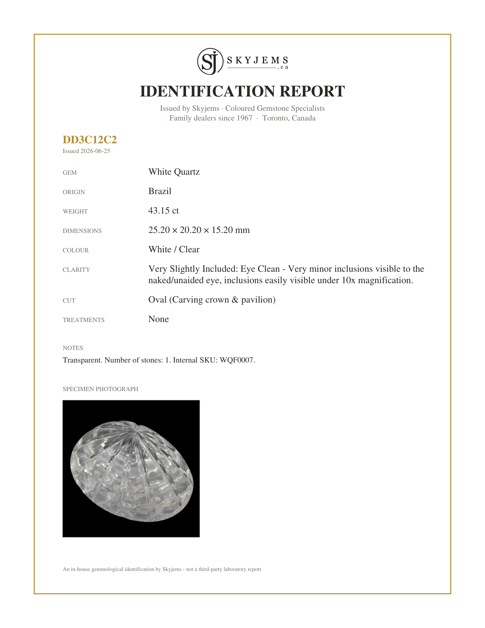 Skyjems Identification Report for WQF0007 — 43.15ct Oval White Quartz Fantasy/Fancy Cut