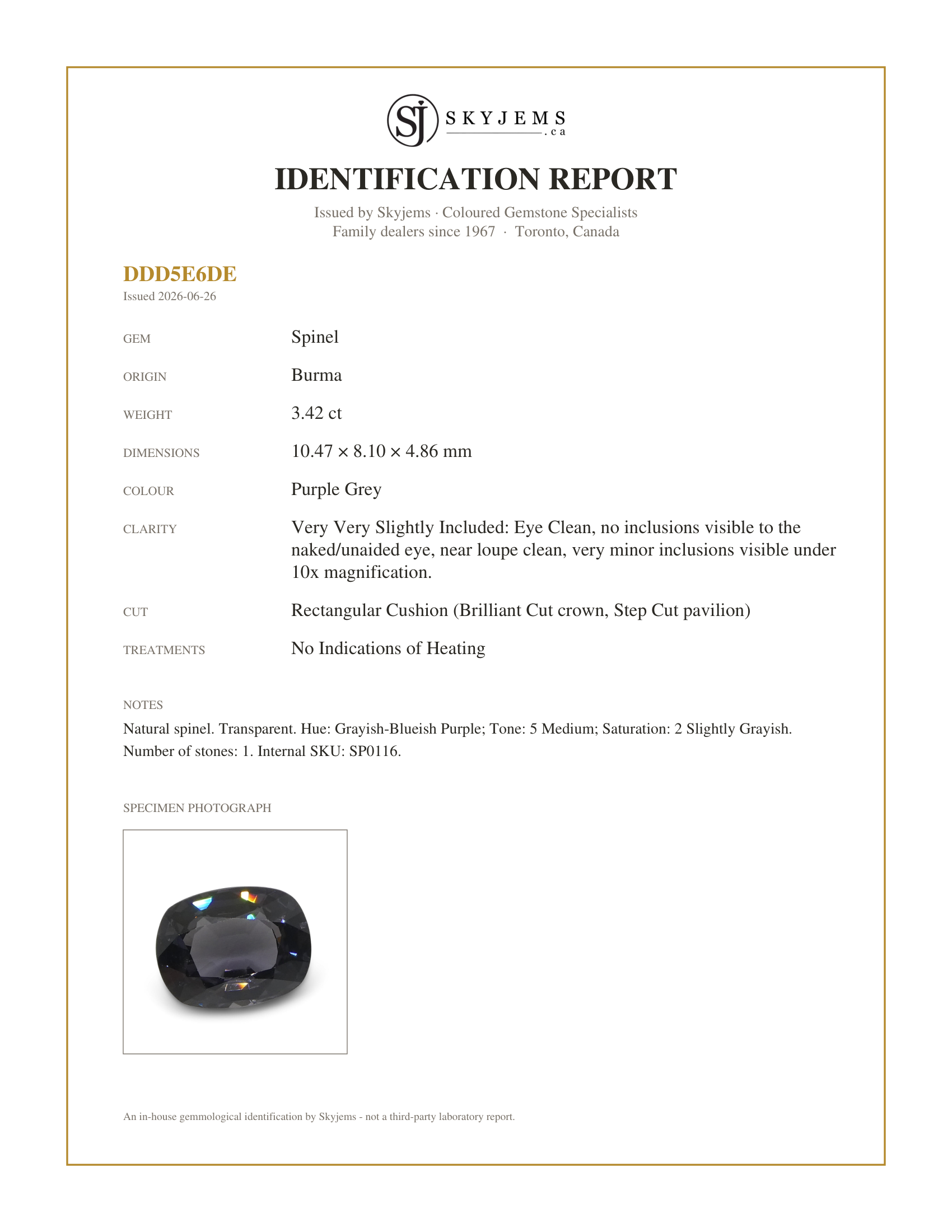 Skyjems Identification Report for SP0116 — 3.42ct Rectangular Cushion Purple Grey Spinel from Burma
