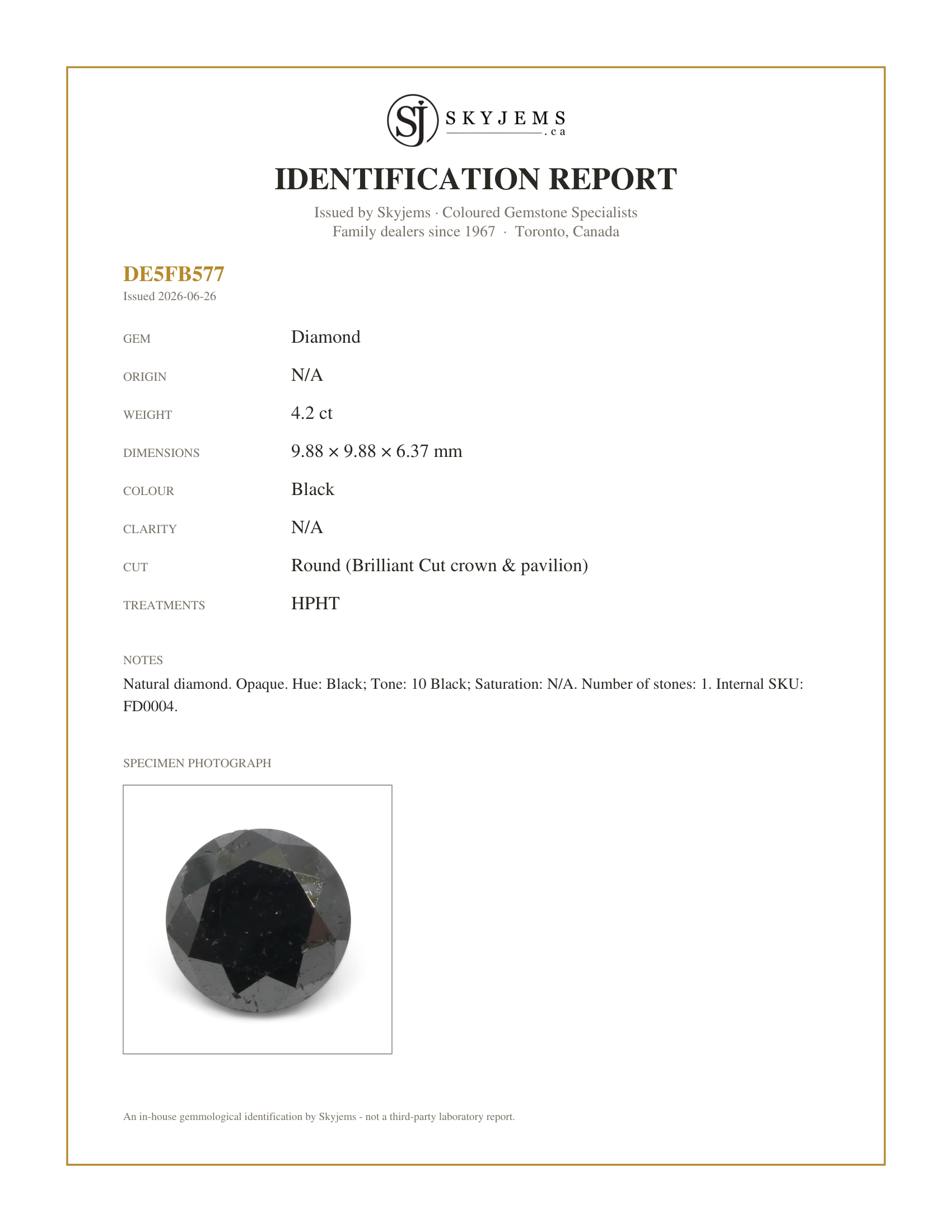 Skyjems Identification Report for FD0004 — 4.2ct Round Brilliant Cut Black Diamond