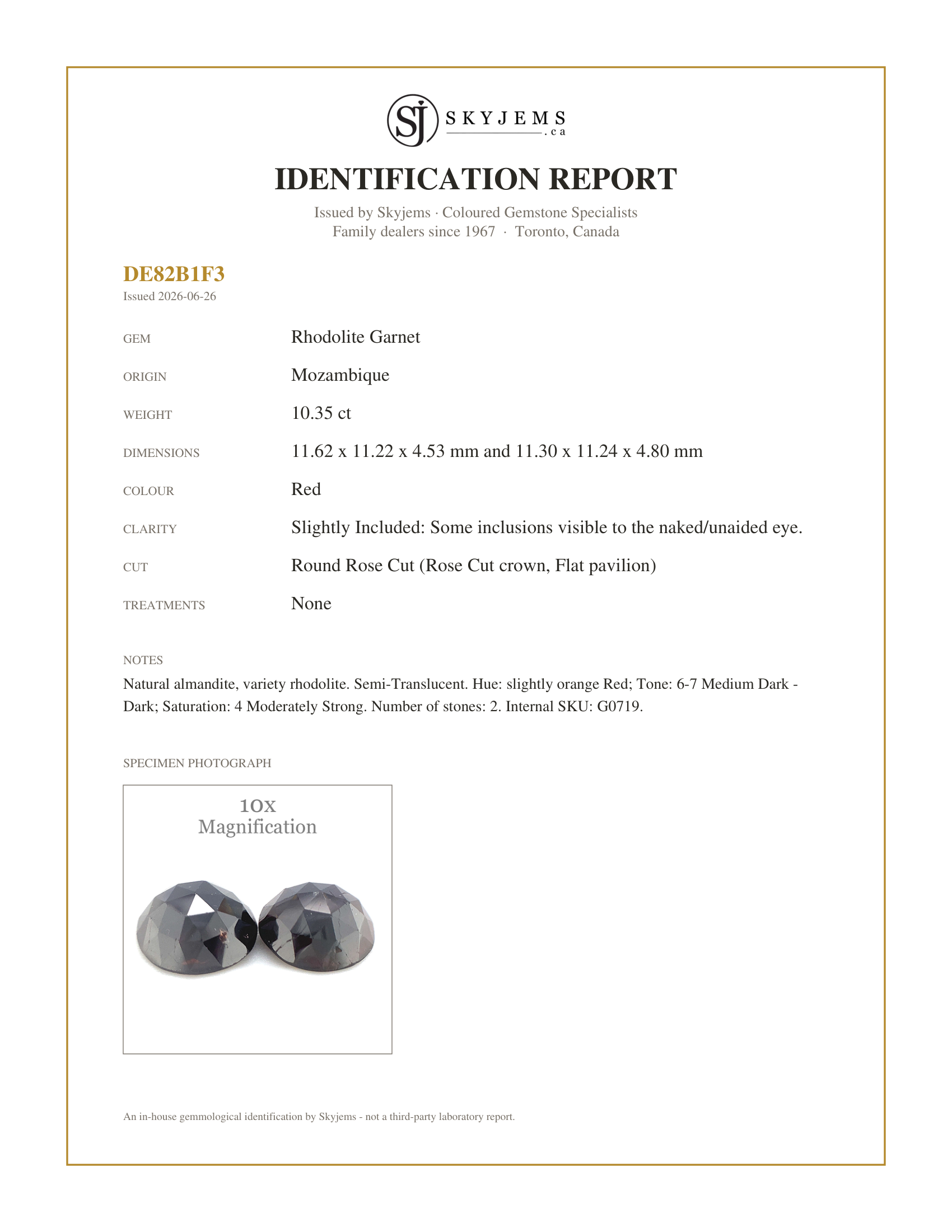 Skyjems Identification Report for G0719 — 10.35ct Pair Almandine/Almandite Round Rose Cut Red Rhodolite Garnet from Mozambique
