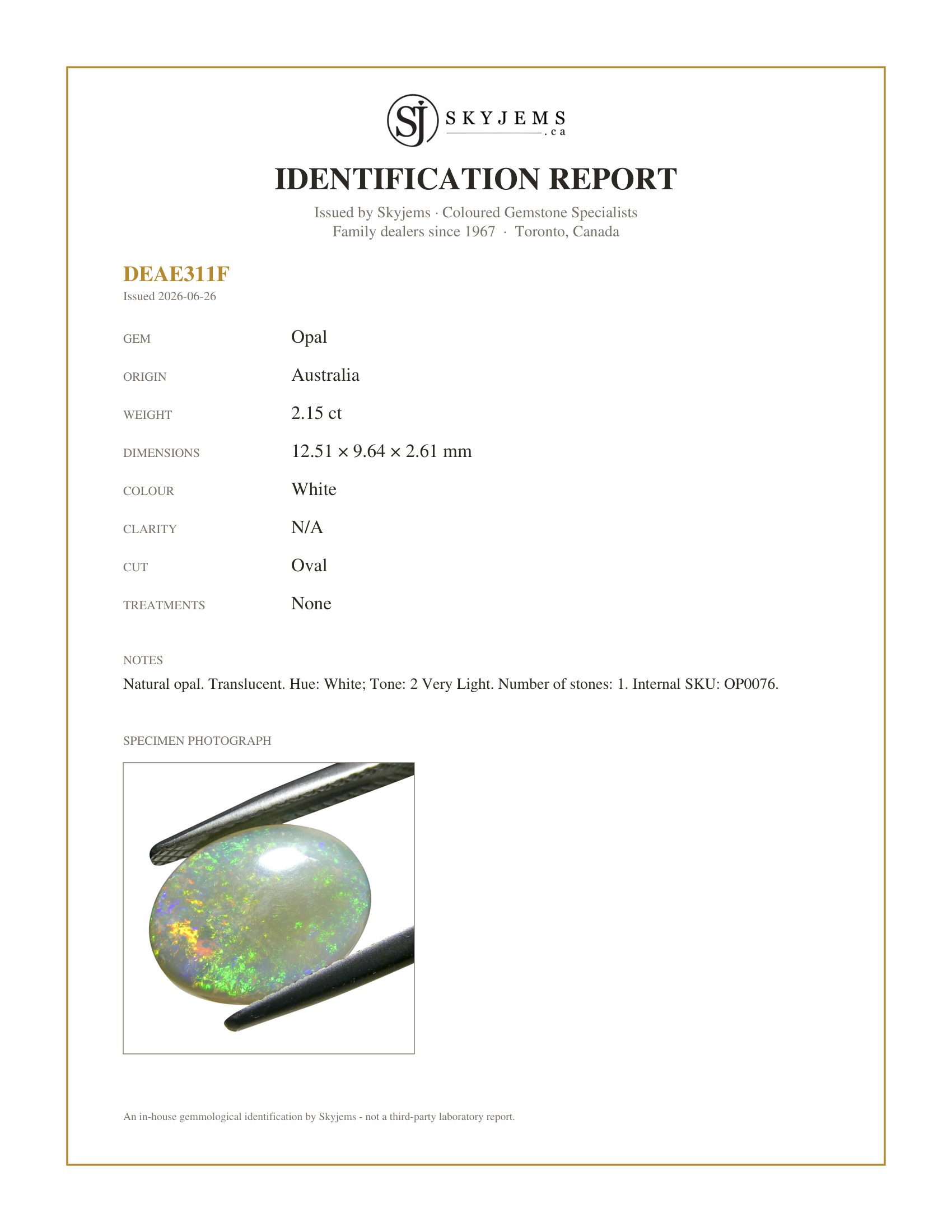 Skyjems Identification Report for OP0076 — 2.15ct Oval Cabochon White Opal from Australia