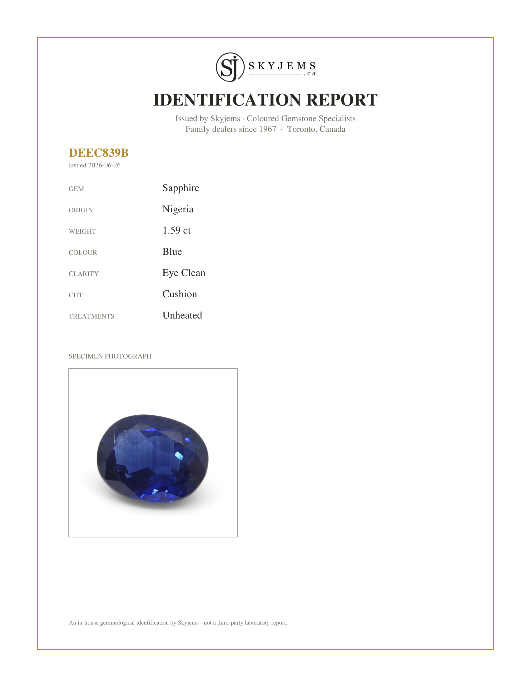 Skyjems Identification Report for  — 1.59ct Oval Blue Sapphire from Nigeria