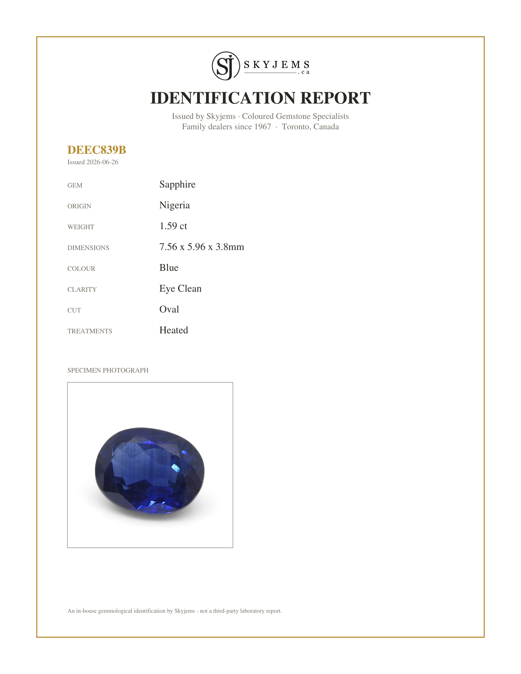Skyjems Identification Report for S1248 — 1.59ct Oval Blue Sapphire from Nigeria