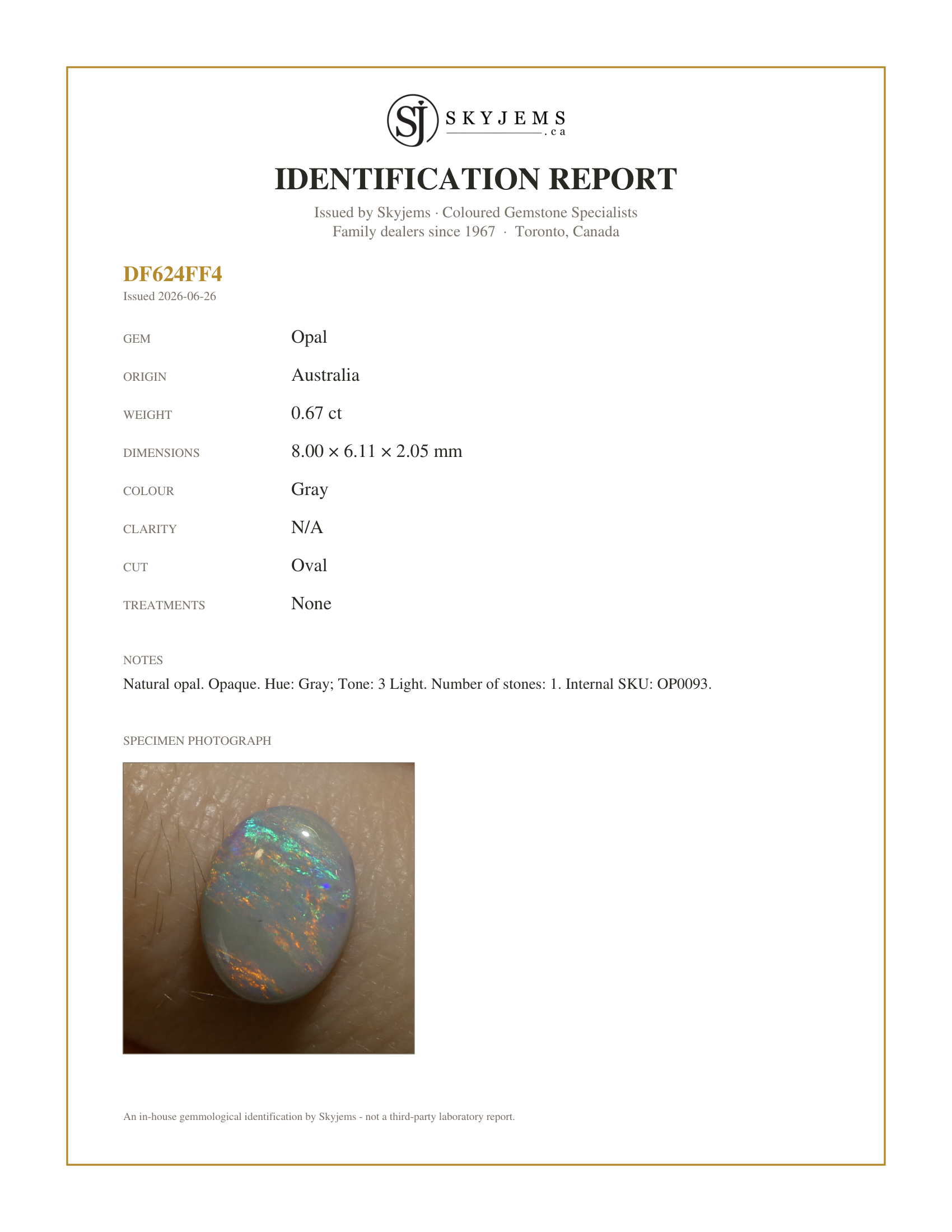 Skyjems Identification Report for OP0093 — 0.67ct Oval Cabochon Gray Opal from Australia