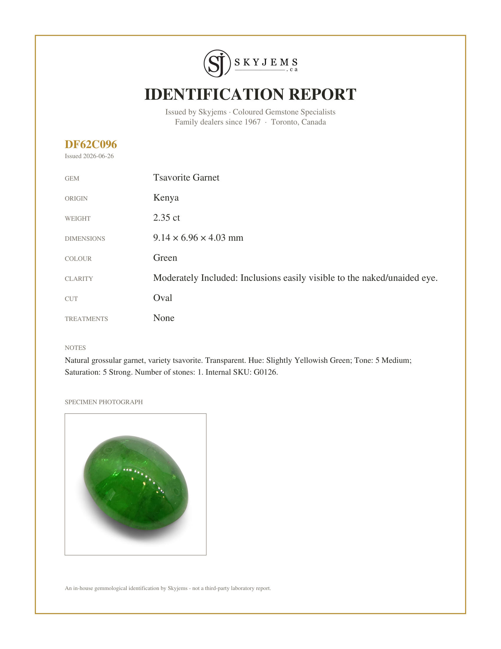 Skyjems Identification Report for G0126 — 2.35ct Oval Cabochon Green Tsavorite Garnet from Kenya, Unheated