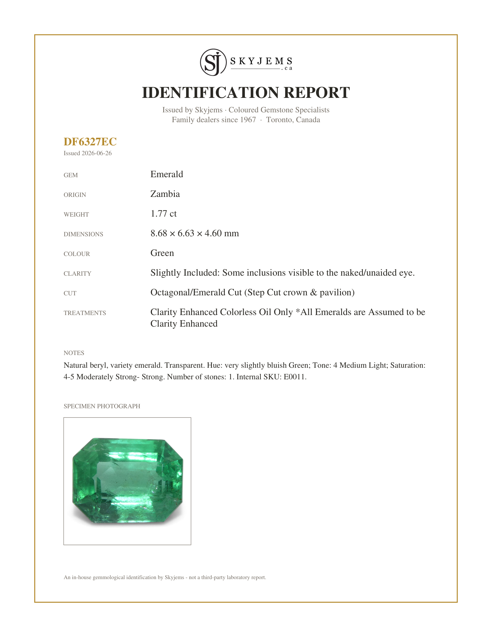 Skyjems Identification Report for E0011 — 1.77ct Octagonal/Emerald Cut Green Emerald from Zambia