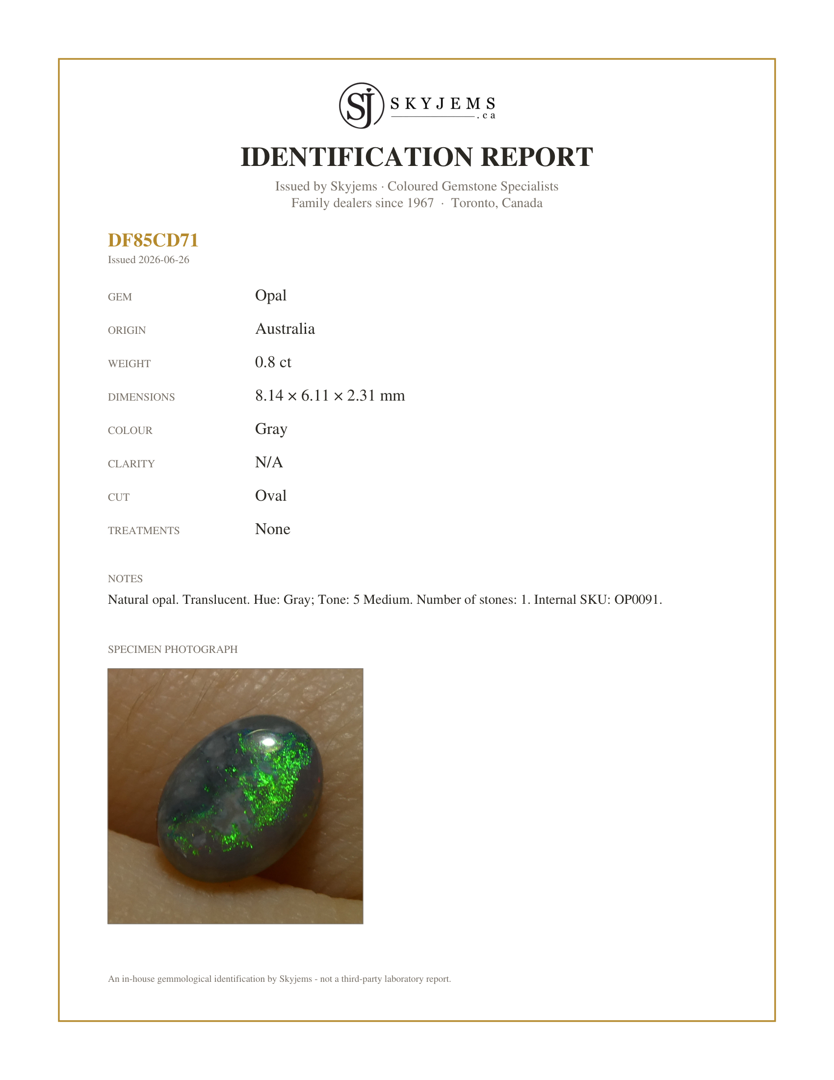 Skyjems Identification Report for OP0091 — 0.8ct Oval Cabochon Gray Opal from Australia