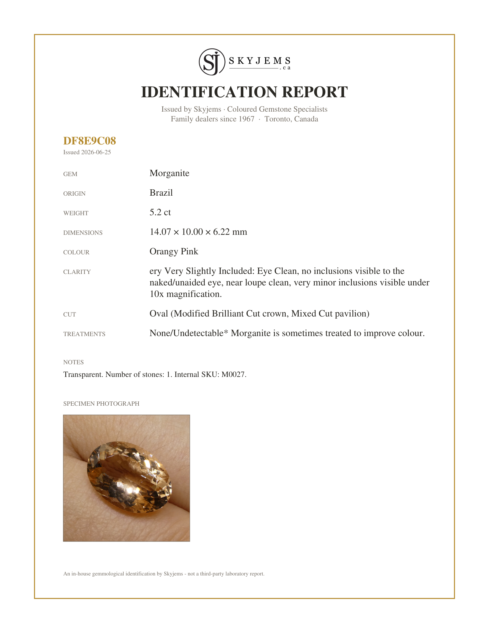 Skyjems Identification Report for M0027 — 5.20ct Oval Morganite