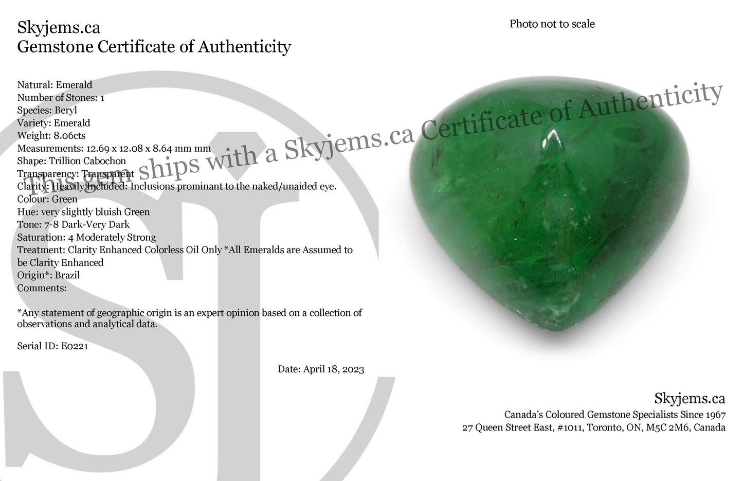 8.06ct Trillion Cabochon Green Emerald from Brazil - Skyjems Wholesale Gemstones